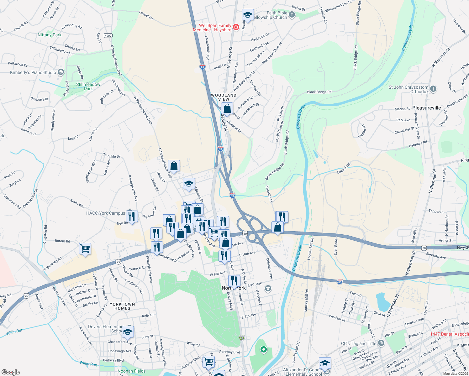 map of restaurants, bars, coffee shops, grocery stores, and more near 279 Point Circle in York