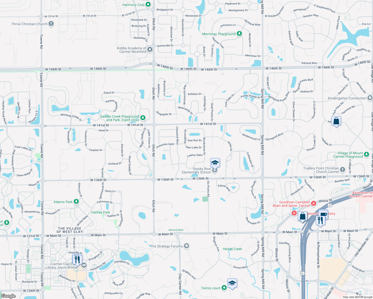 map of restaurants, bars, coffee shops, grocery stores, and more near 1025 Deer Lake Drive in Carmel