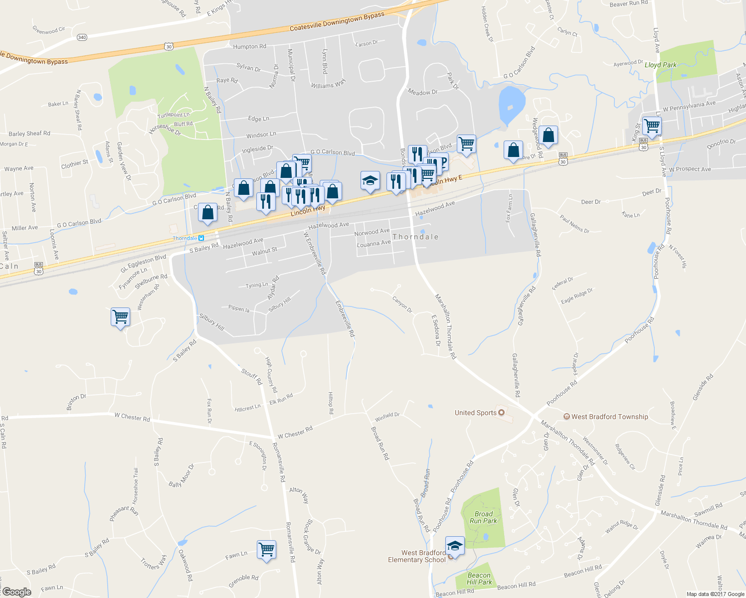 map of restaurants, bars, coffee shops, grocery stores, and more near 1542 Canyon Drive in Downingtown