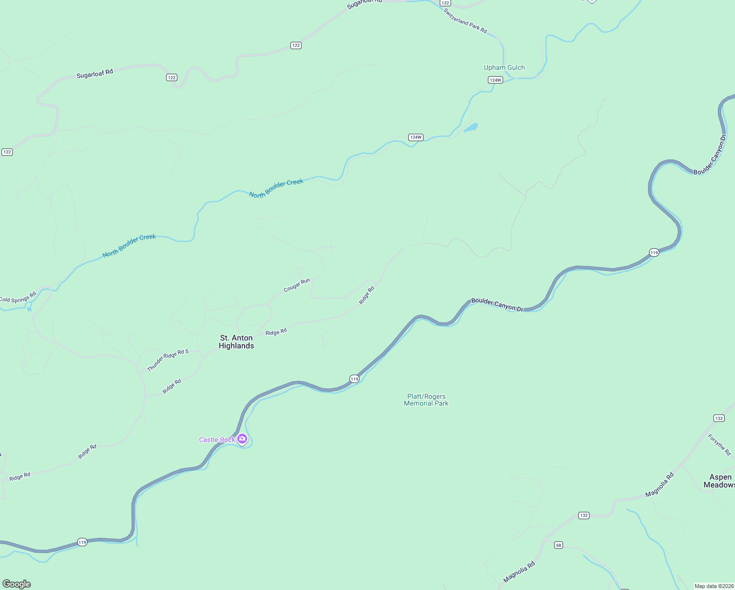 map of restaurants, bars, coffee shops, grocery stores, and more near 3982 Ridge Road in Nederland