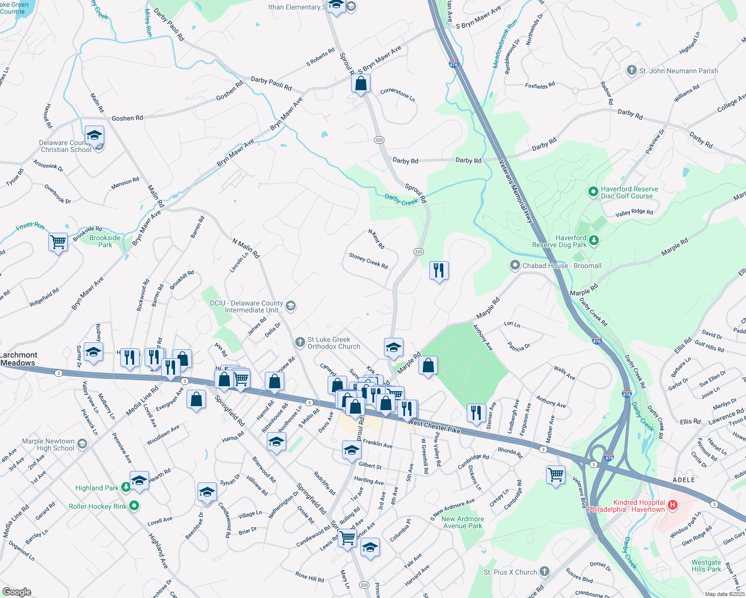 map of restaurants, bars, coffee shops, grocery stores, and more near 13 Fox Lane in Broomall