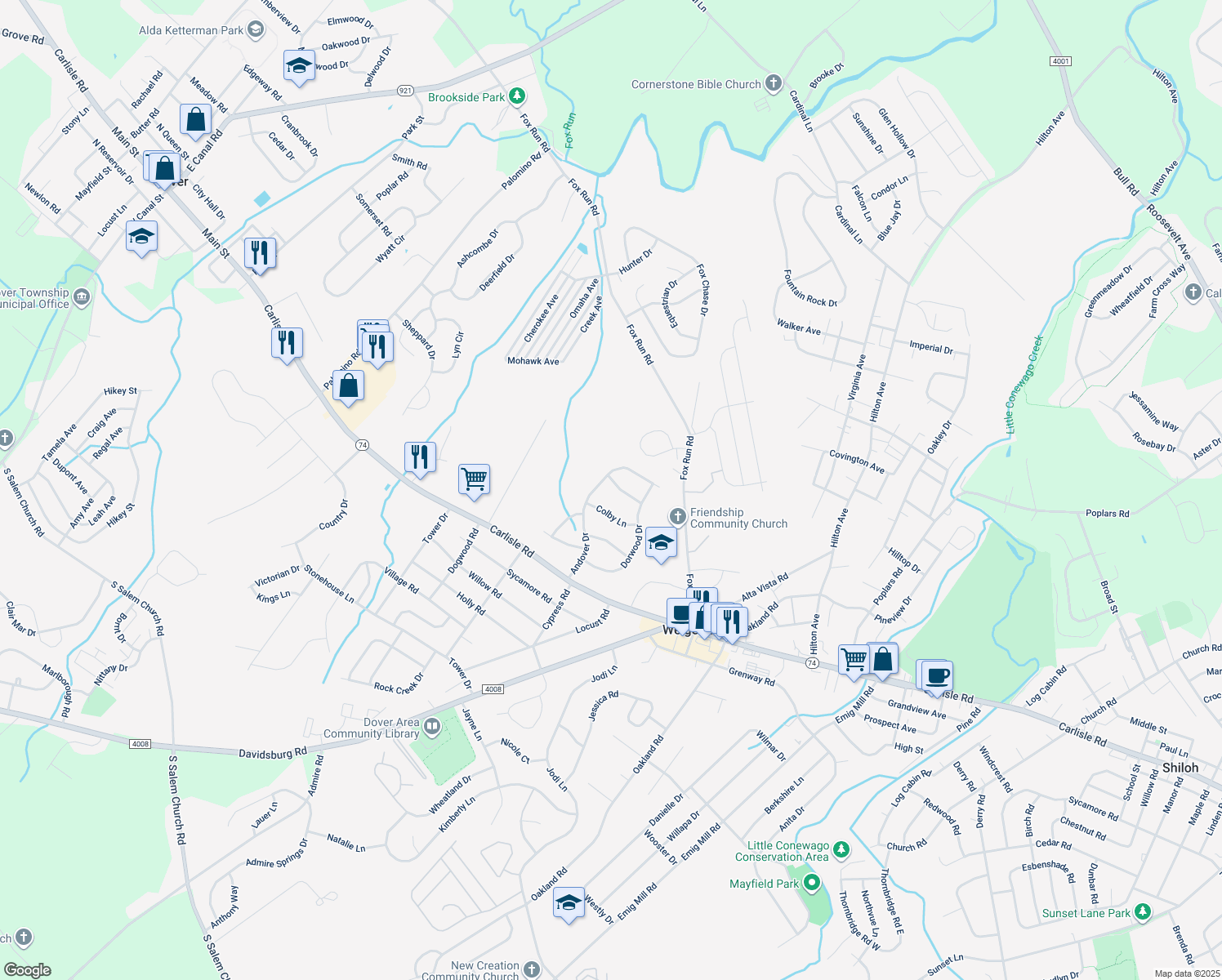 map of restaurants, bars, coffee shops, grocery stores, and more near 3346 Greentree Lane in Dover