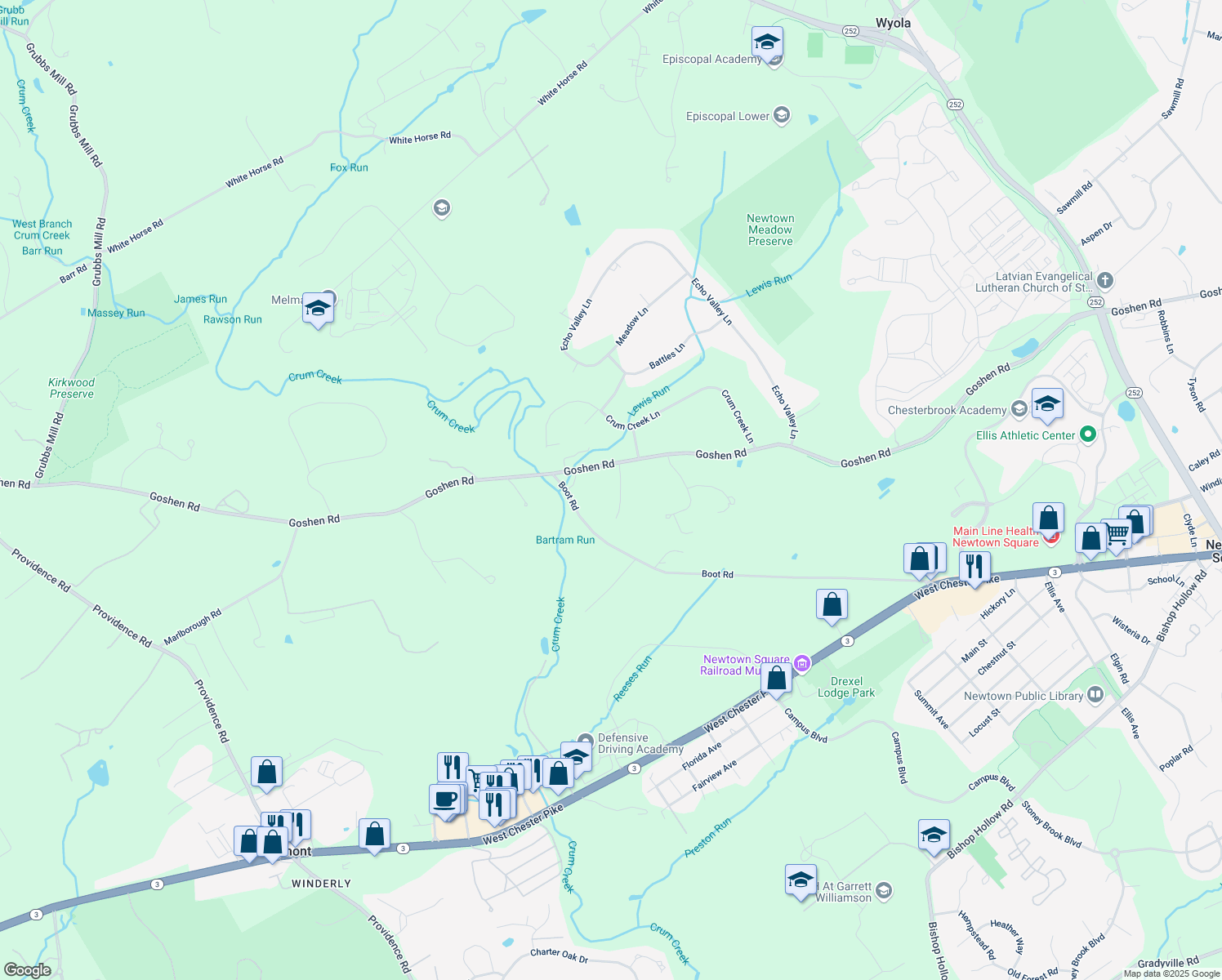 map of restaurants, bars, coffee shops, grocery stores, and more near 2 Woolman Drive in Newtown Square
