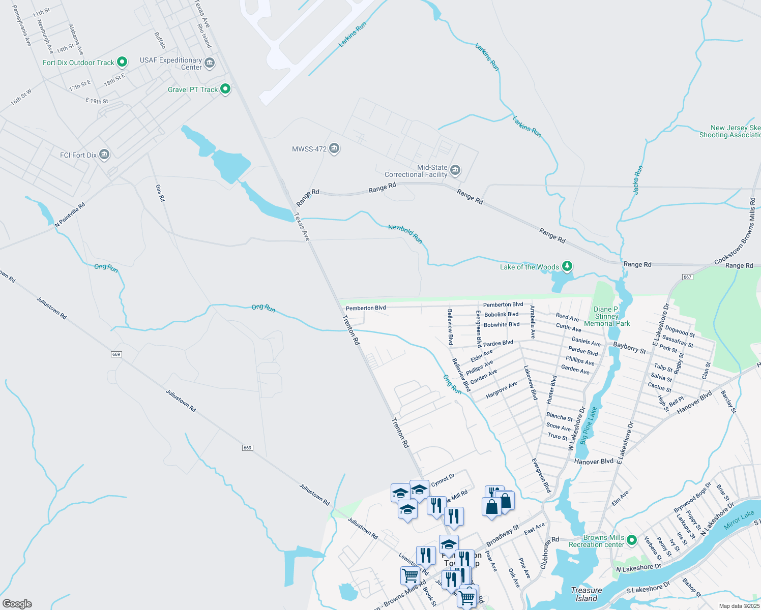 map of restaurants, bars, coffee shops, grocery stores, and more near 526 Pemberton Boulevard in Pemberton Township