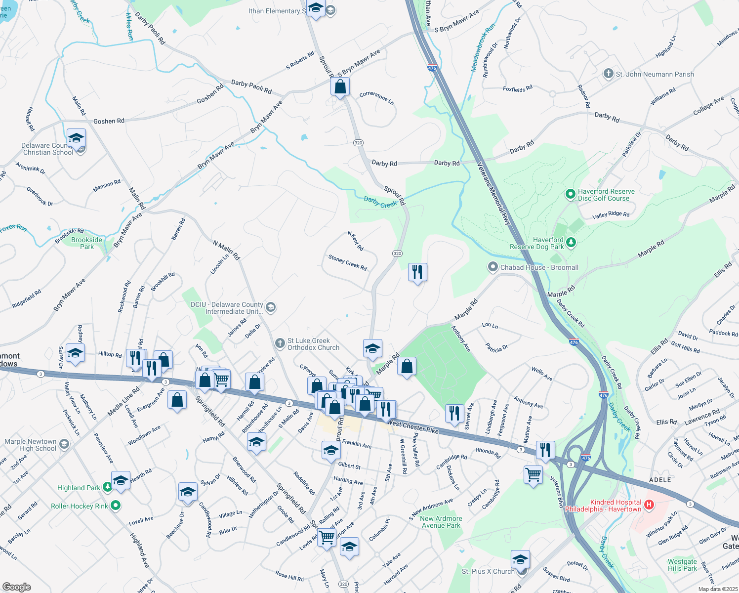 map of restaurants, bars, coffee shops, grocery stores, and more near 2700 South Kent Road in Broomall