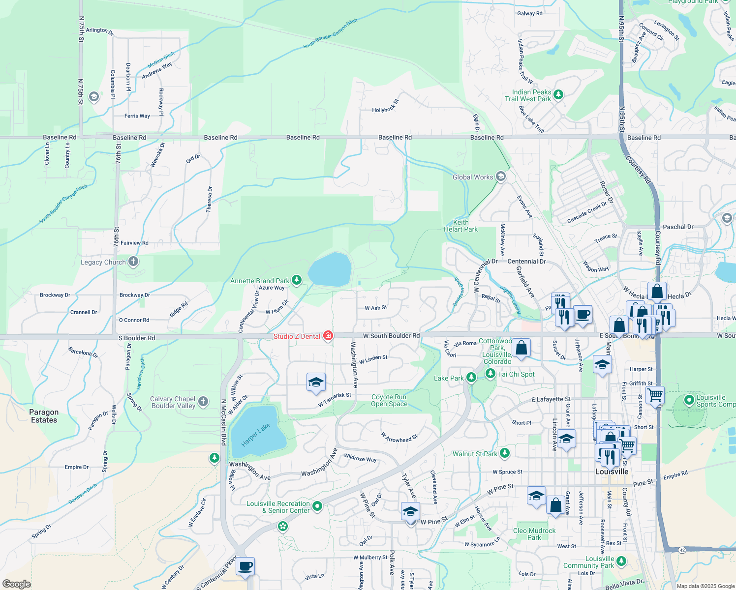 map of restaurants, bars, coffee shops, grocery stores, and more near 649 West Birch Court in Louisville