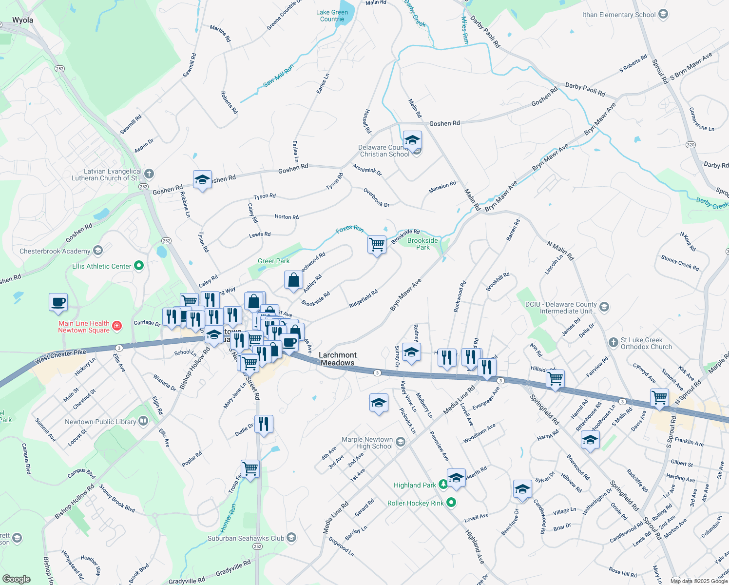 map of restaurants, bars, coffee shops, grocery stores, and more near 136 Ridgefield Road in Newtown Square