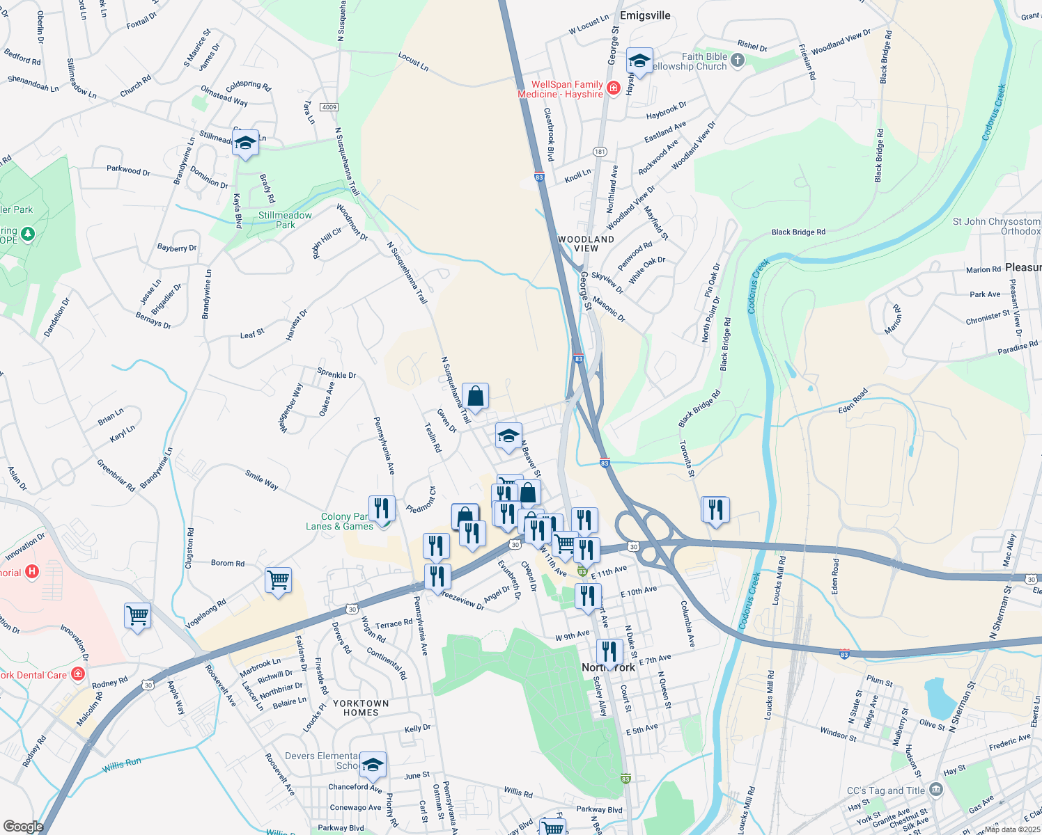 map of restaurants, bars, coffee shops, grocery stores, and more near 92 Lightner Rd in York