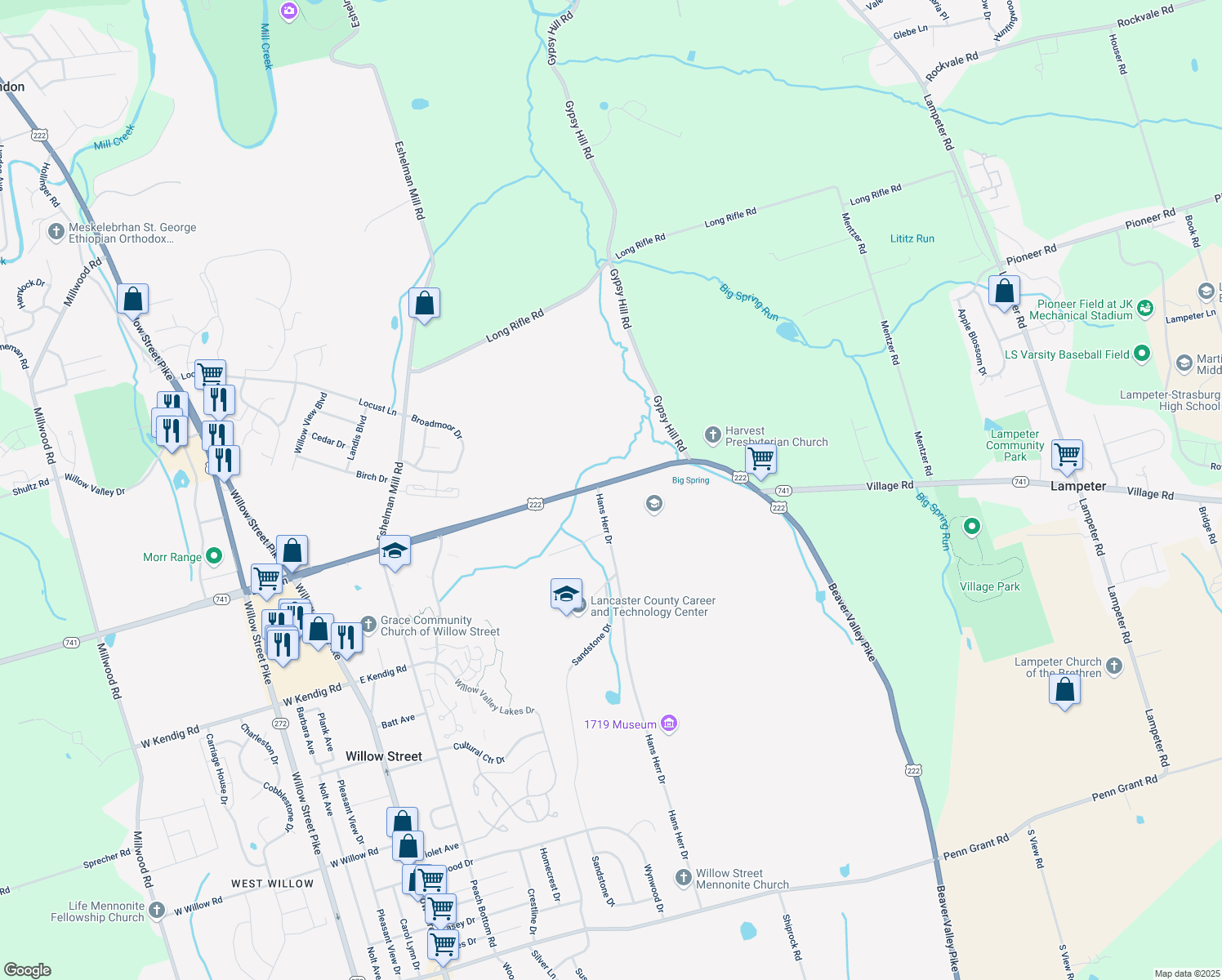 map of restaurants, bars, coffee shops, grocery stores, and more near 410 Hans Herr Dr in Lancaster