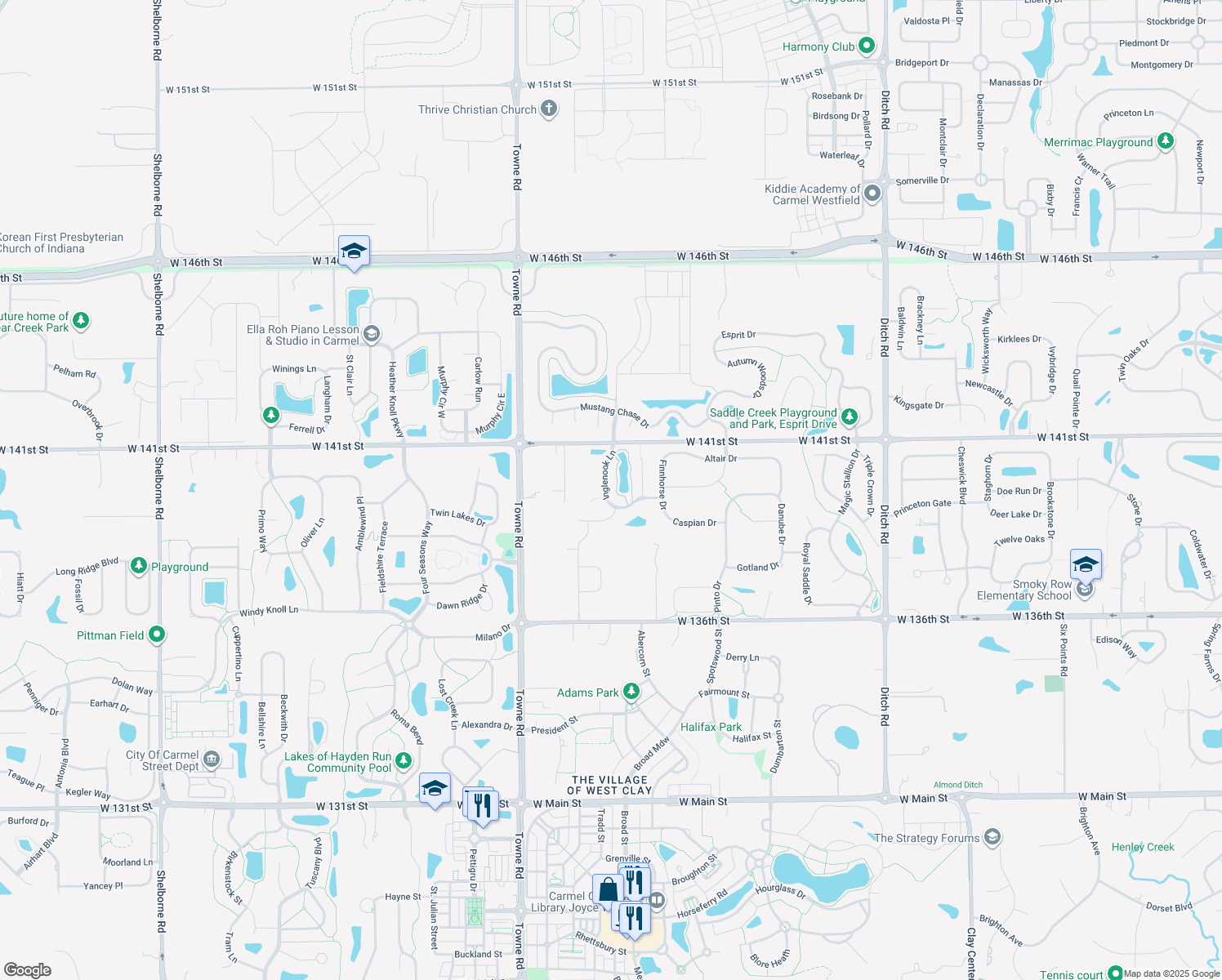 map of restaurants, bars, coffee shops, grocery stores, and more near 13977 Inglenook Lane in Carmel