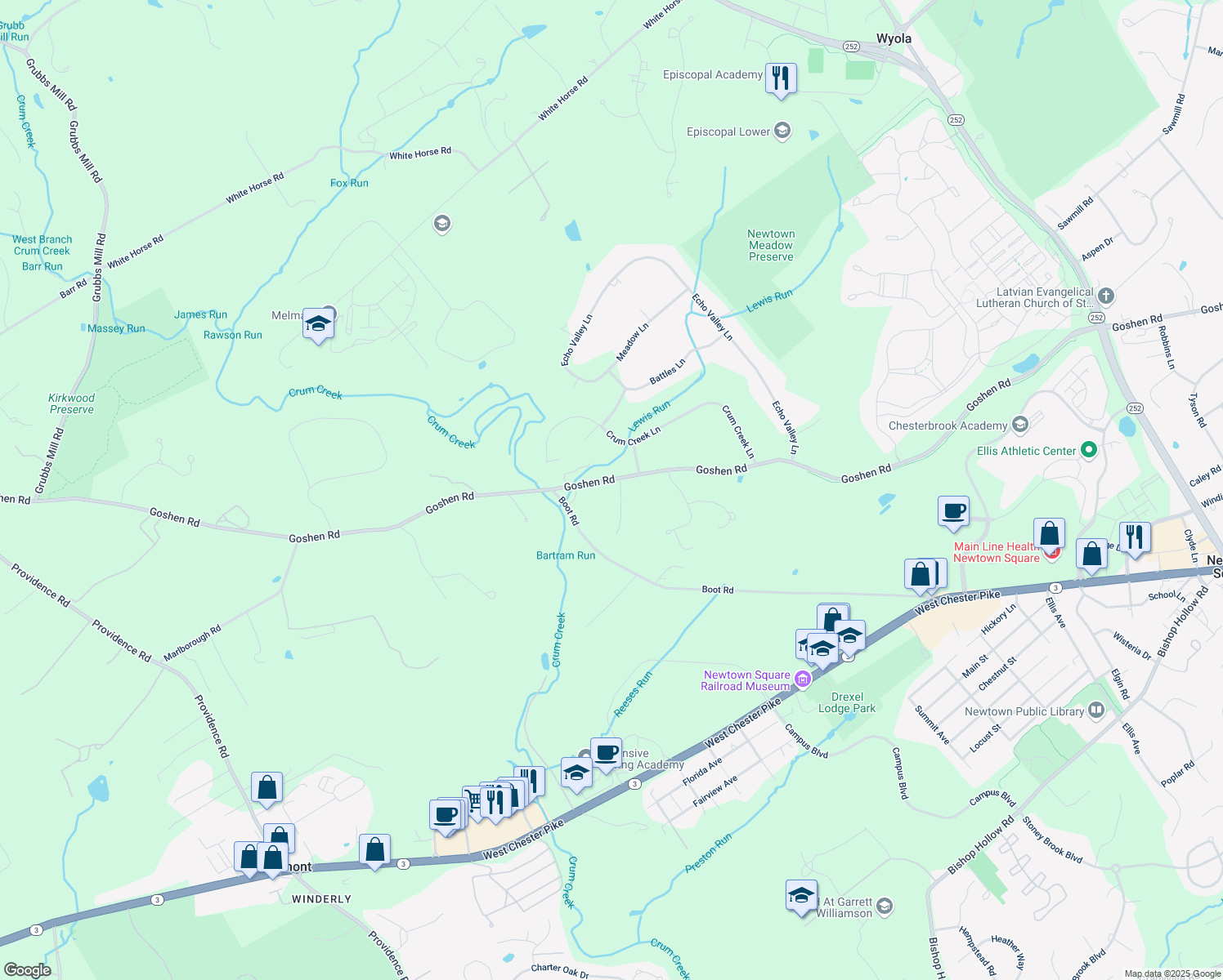 map of restaurants, bars, coffee shops, grocery stores, and more near 2 Woolman Drive in Newtown Square