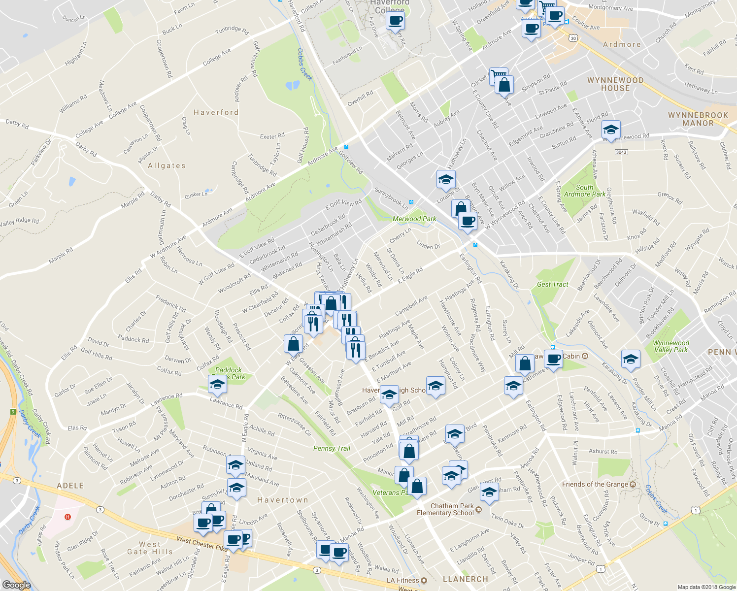 map of restaurants, bars, coffee shops, grocery stores, and more near 108 East Eagle Road in Havertown
