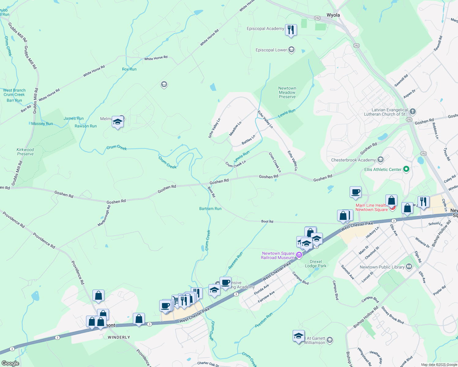 map of restaurants, bars, coffee shops, grocery stores, and more near 2 Woolman Drive in Newtown Square