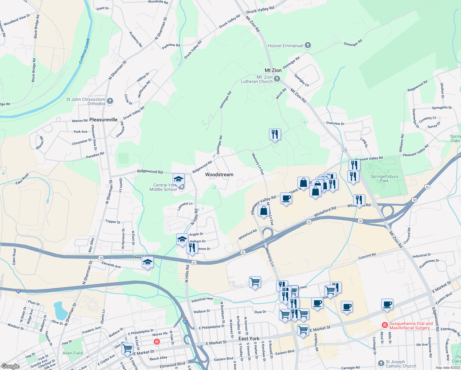 map of restaurants, bars, coffee shops, grocery stores, and more near 1925 Woodstream Drive in York