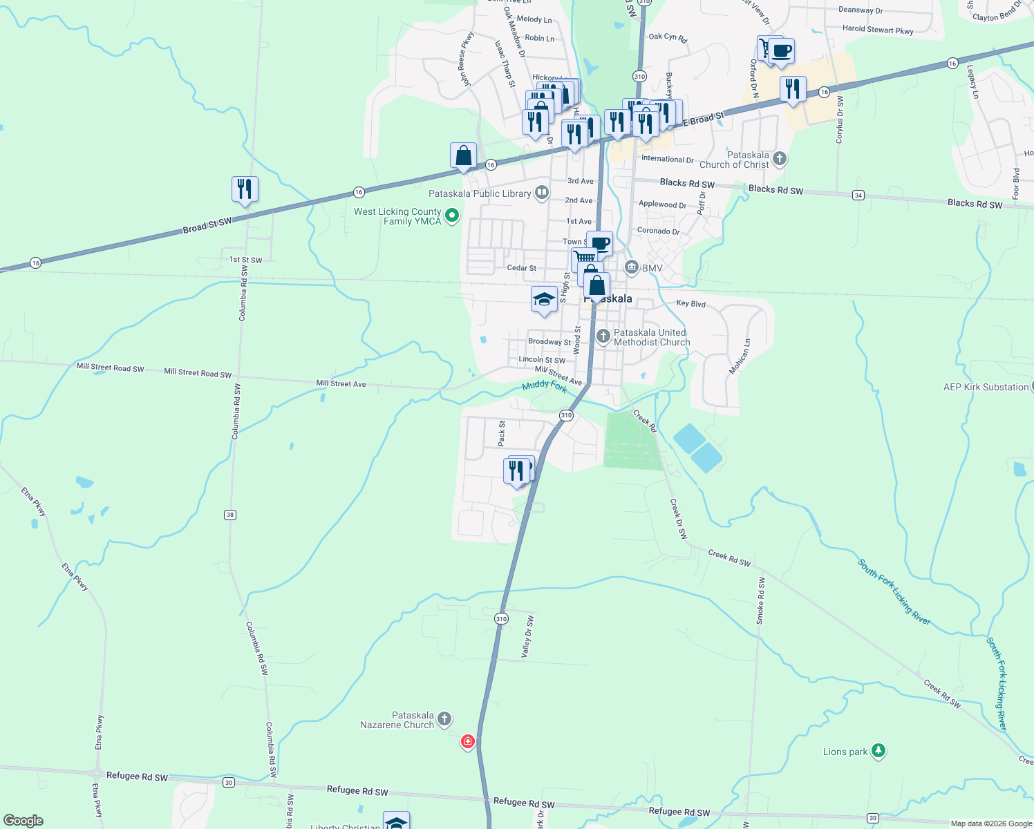 map of restaurants, bars, coffee shops, grocery stores, and more near 340 Pataskala Ridge Drive Southwest in Pataskala