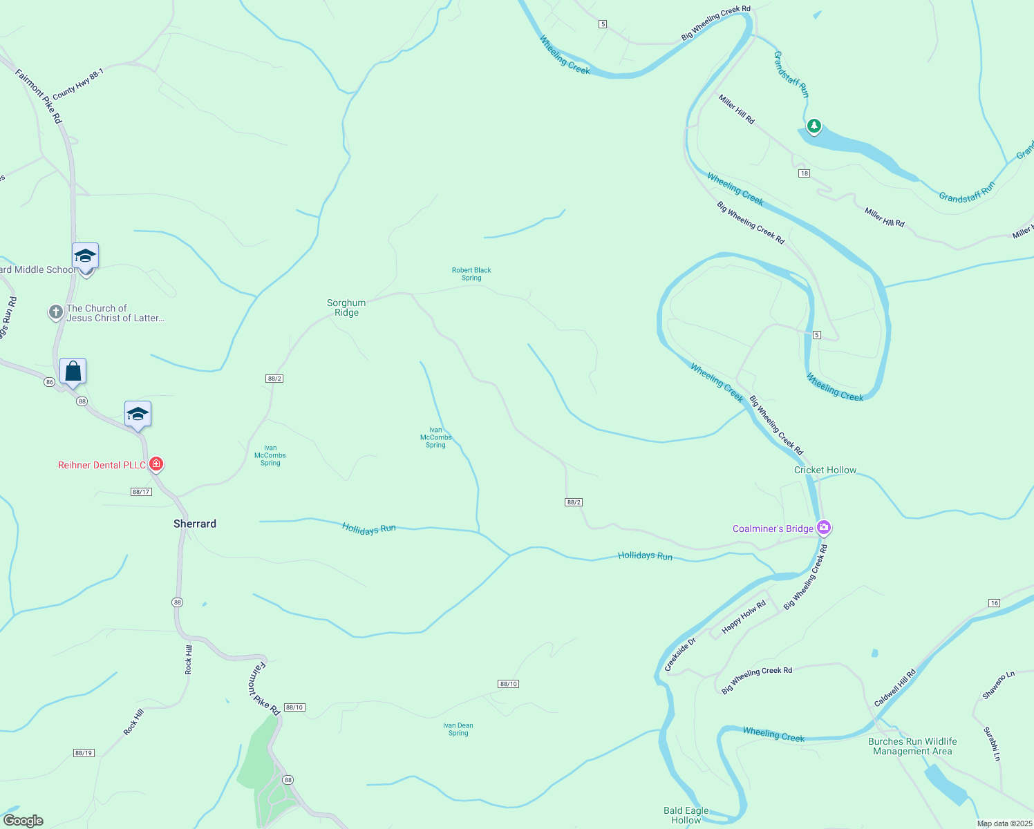 map of restaurants, bars, coffee shops, grocery stores, and more near Black Hill in Wheeling