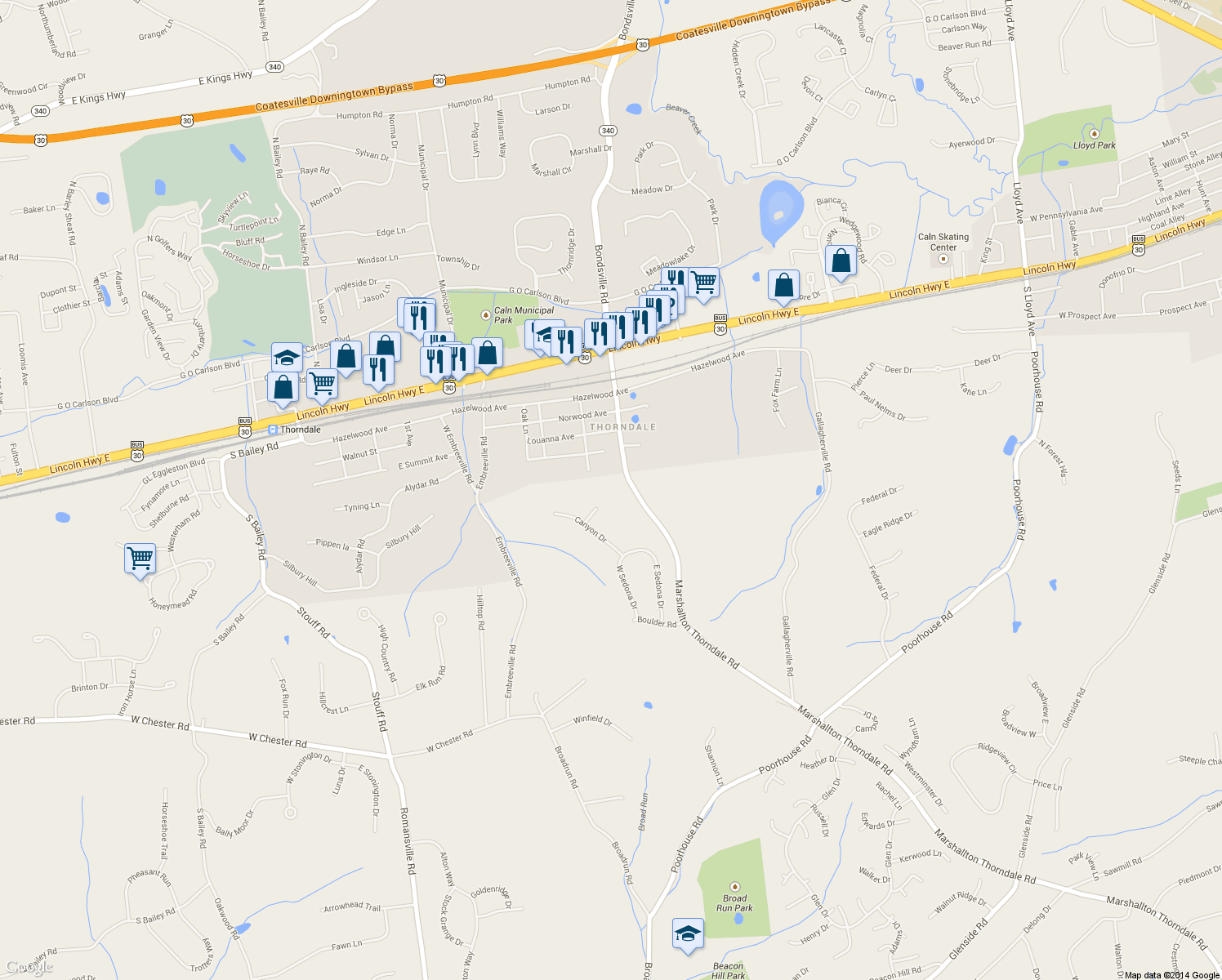 map of restaurants, bars, coffee shops, grocery stores, and more near 1533 Red Rock Drive in Downingtown