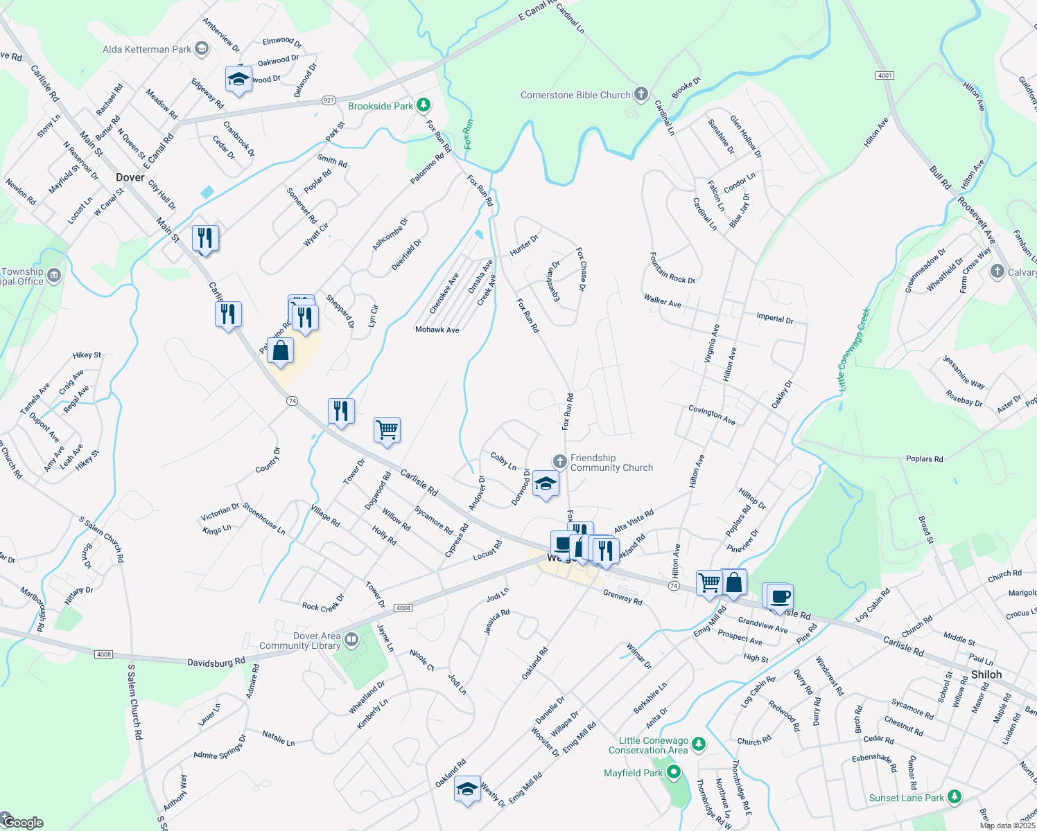 map of restaurants, bars, coffee shops, grocery stores, and more near 1969 Andover Drive in Dover