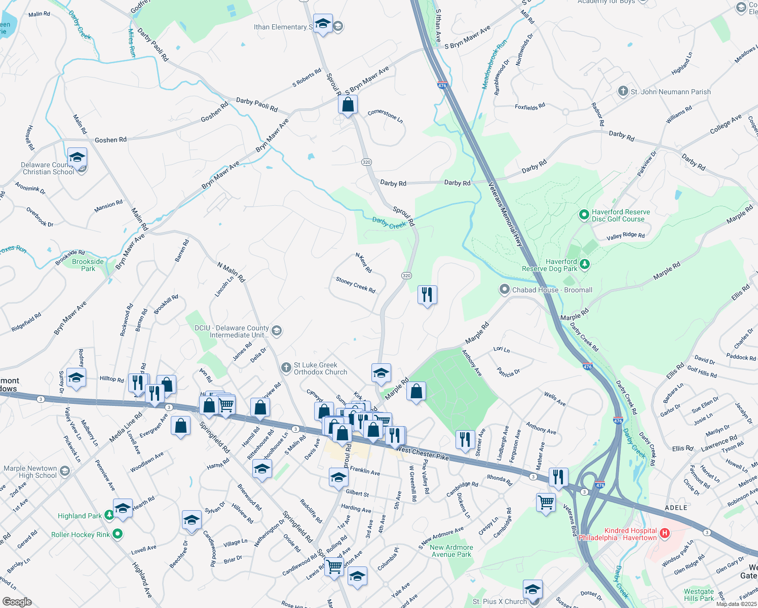 map of restaurants, bars, coffee shops, grocery stores, and more near 302 Fox Lane in Broomall