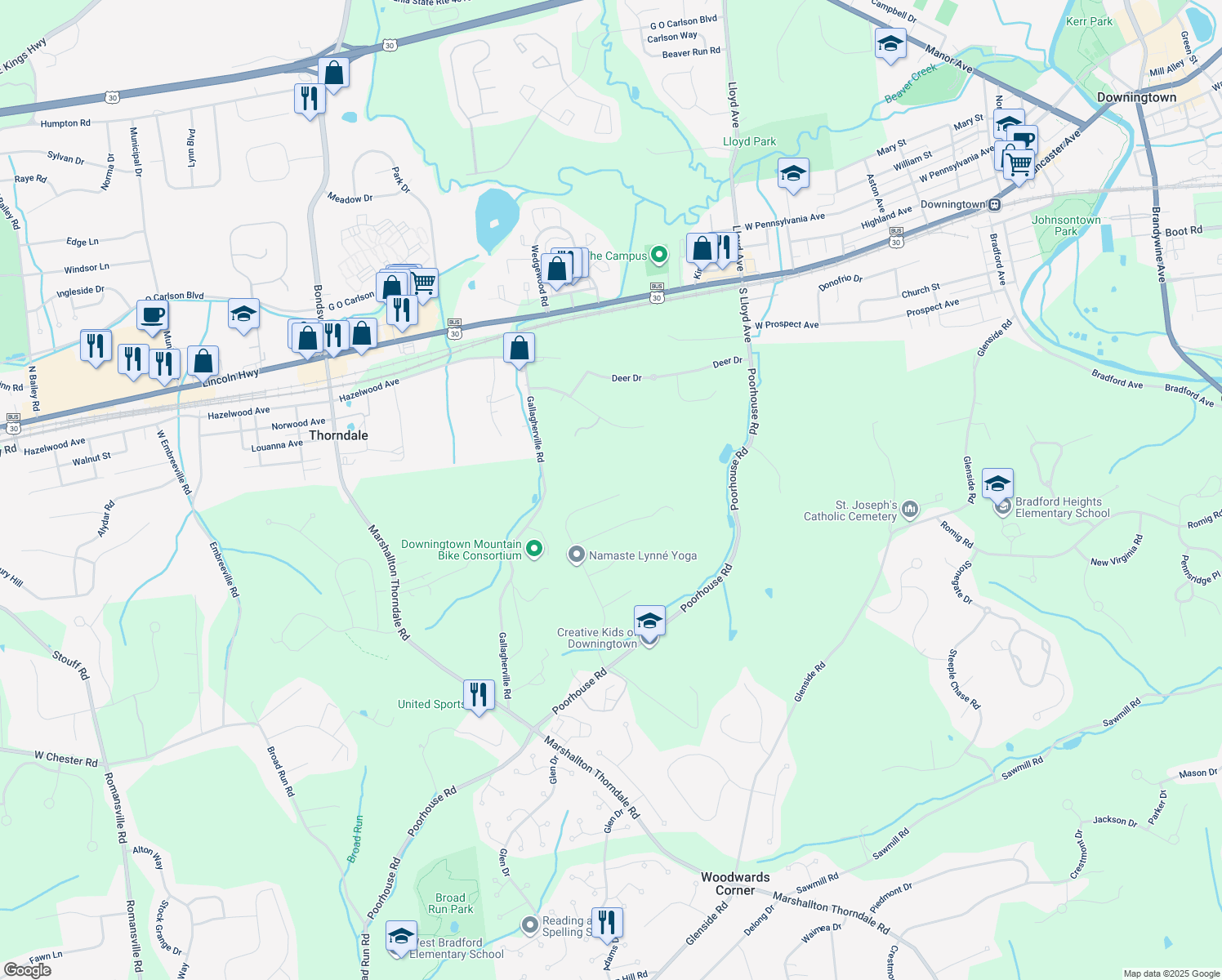 map of restaurants, bars, coffee shops, grocery stores, and more near 1510 Federal Drive in Downingtown