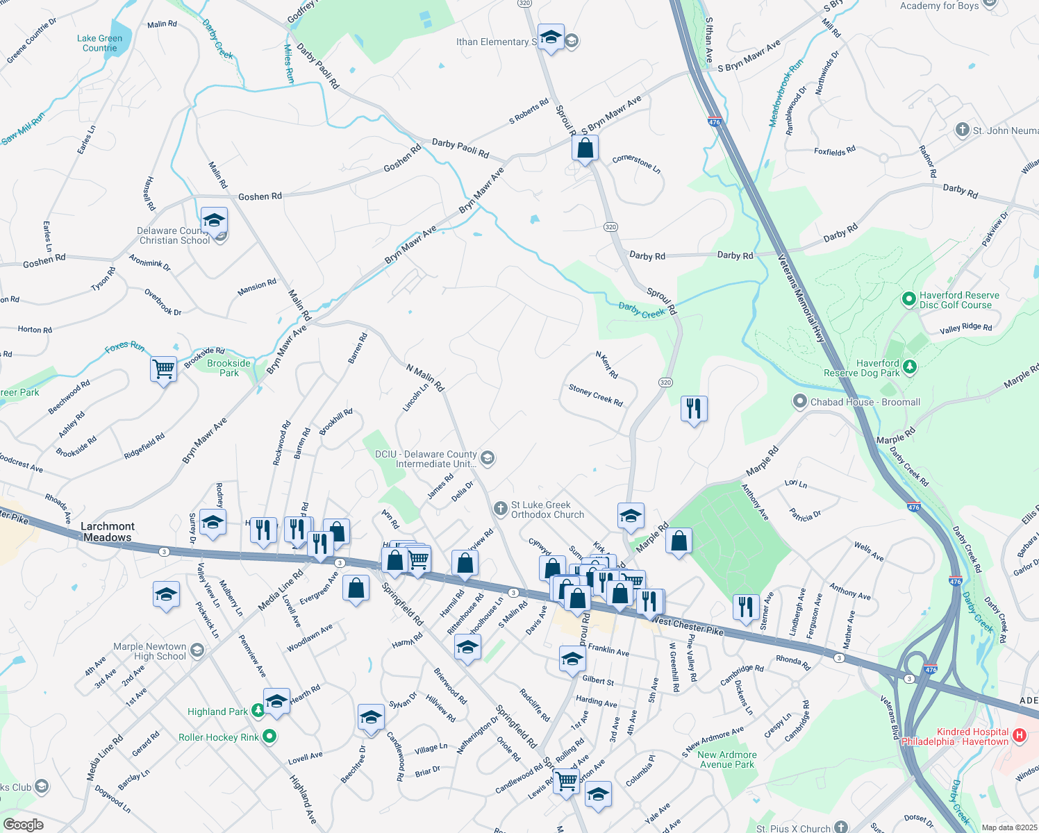 map of restaurants, bars, coffee shops, grocery stores, and more near 209 James Road in Broomall