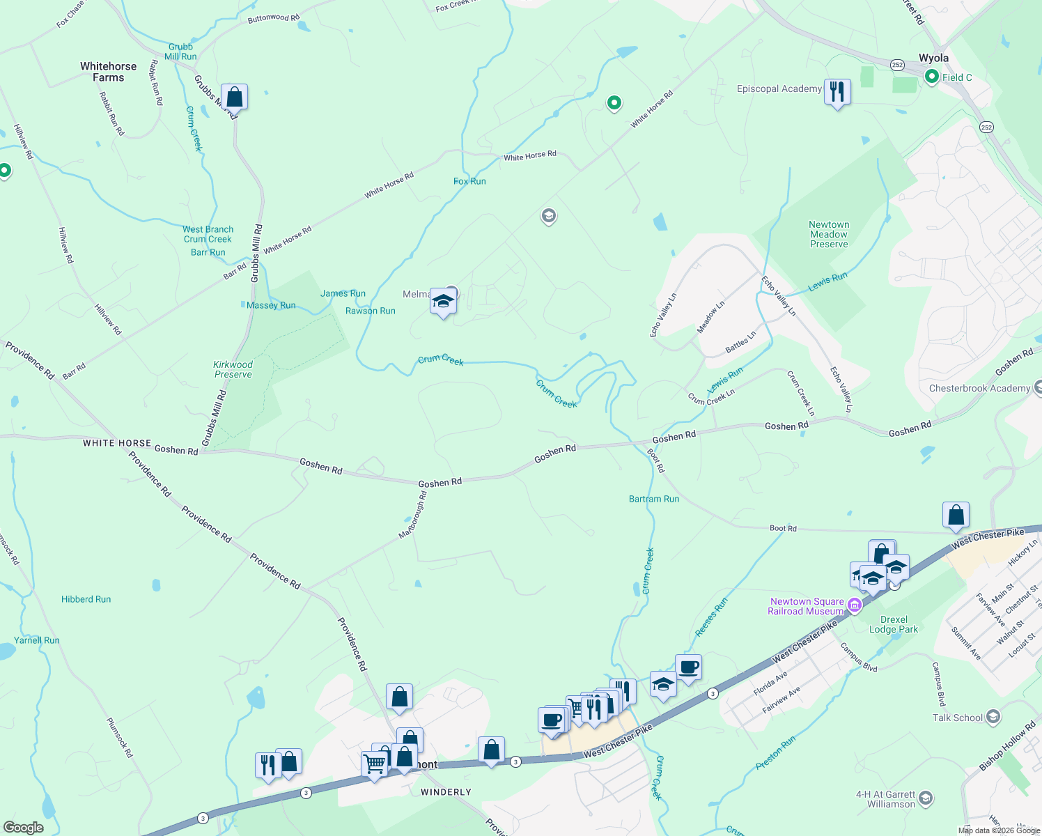 map of restaurants, bars, coffee shops, grocery stores, and more near 39 Old Covered Bridge Road in Newtown Square