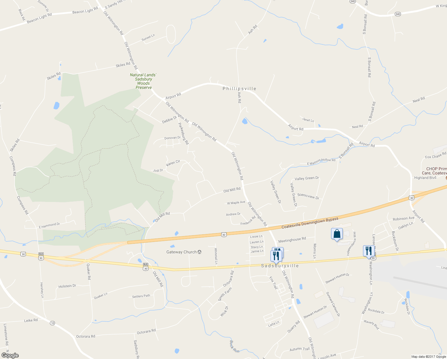 map of restaurants, bars, coffee shops, grocery stores, and more near 17 Old Mill Road in Coatesville