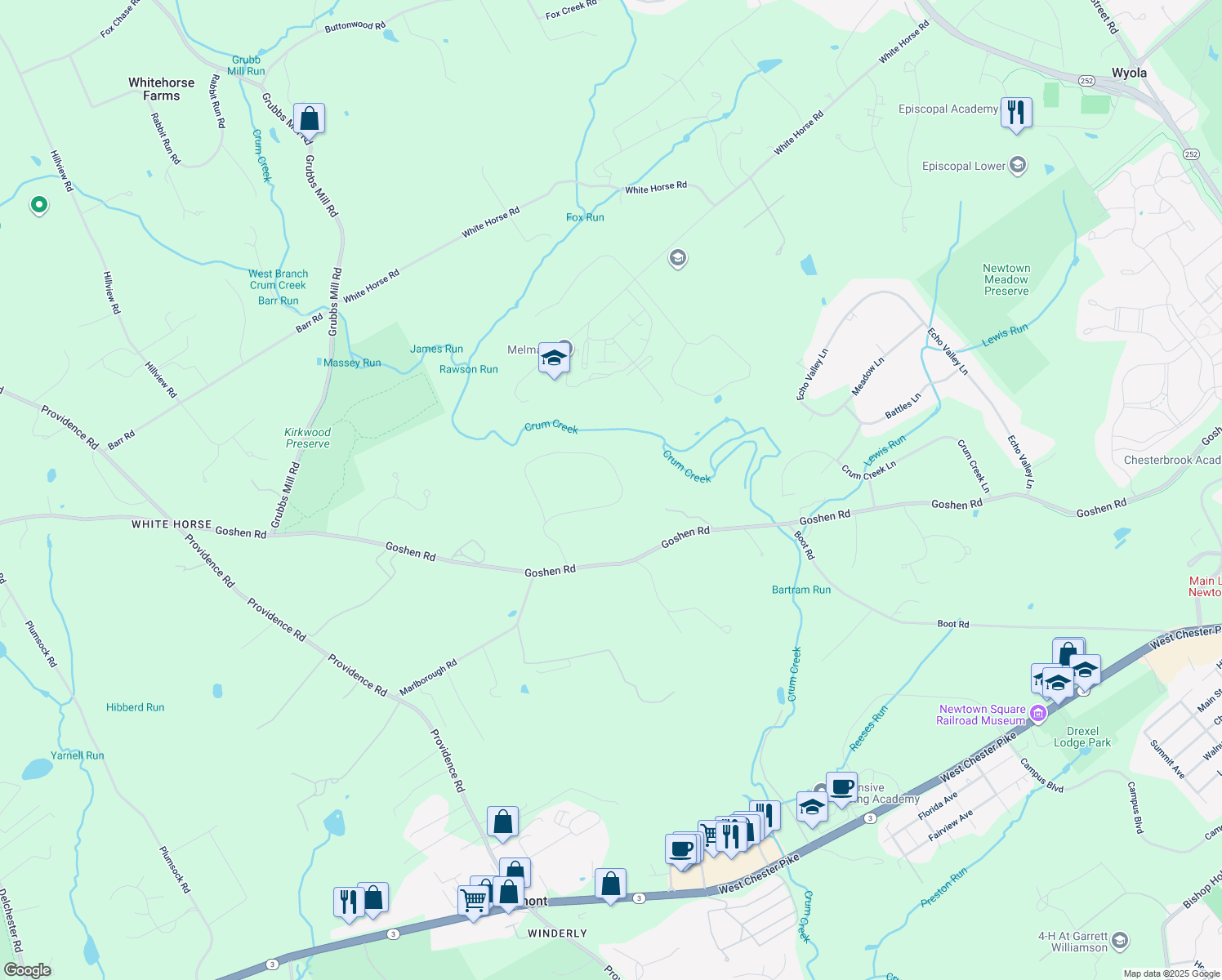 map of restaurants, bars, coffee shops, grocery stores, and more near 40 Old Covered Bridge Road in Newtown Square
