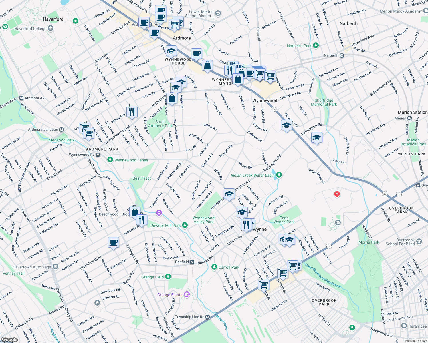 map of restaurants, bars, coffee shops, grocery stores, and more near 426 Witley Road in Wynnewood