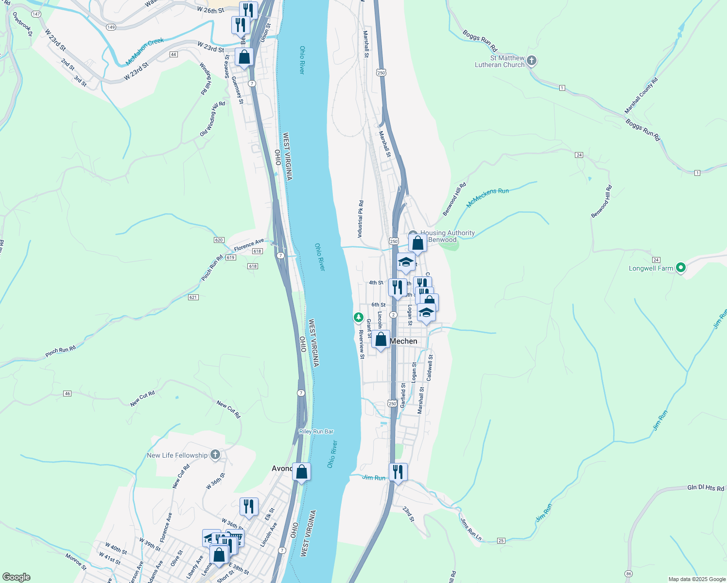 map of restaurants, bars, coffee shops, grocery stores, and more near 417 Grant St in McMechen