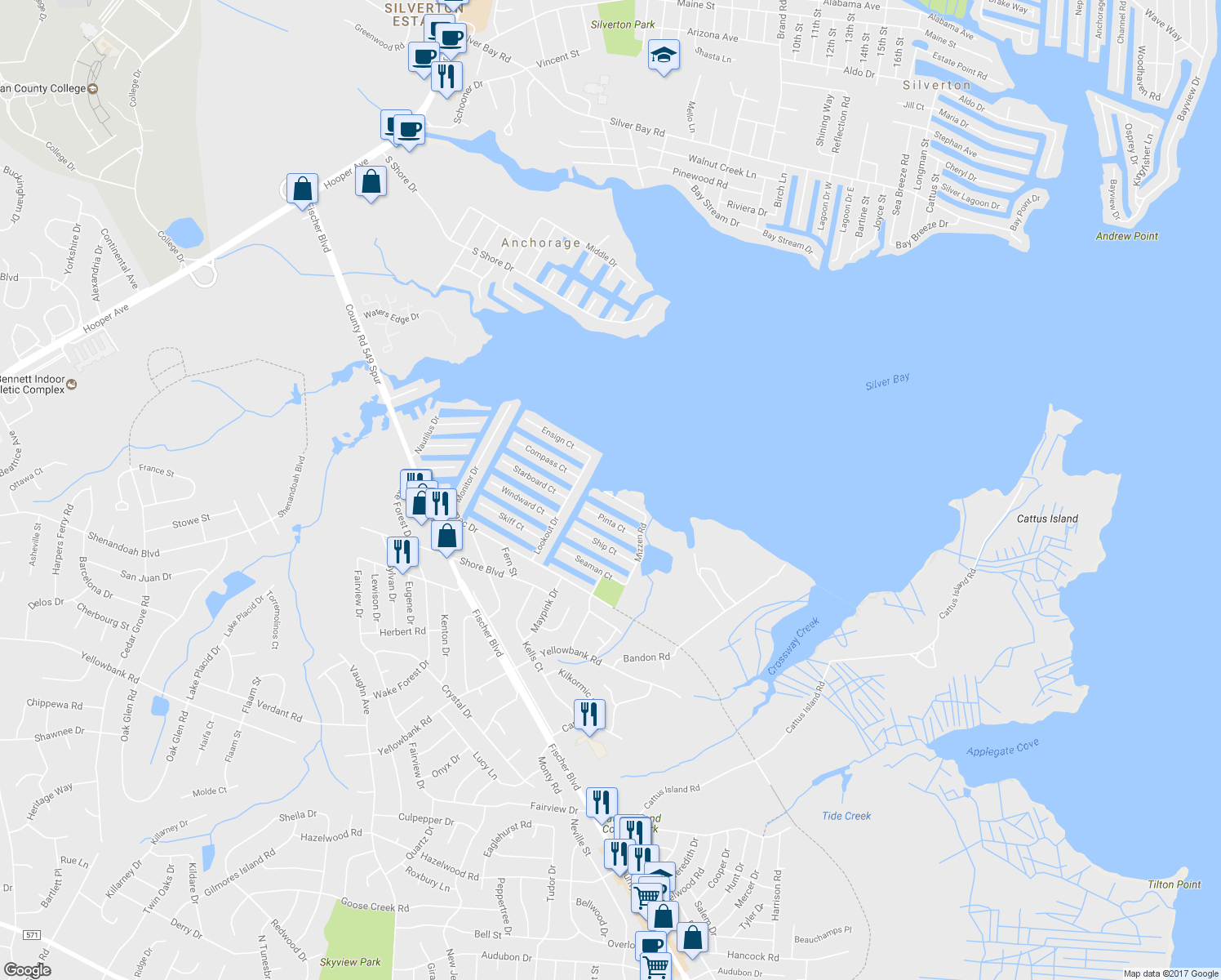 map of restaurants, bars, coffee shops, grocery stores, and more near 1936 Mizzen Road in Toms River