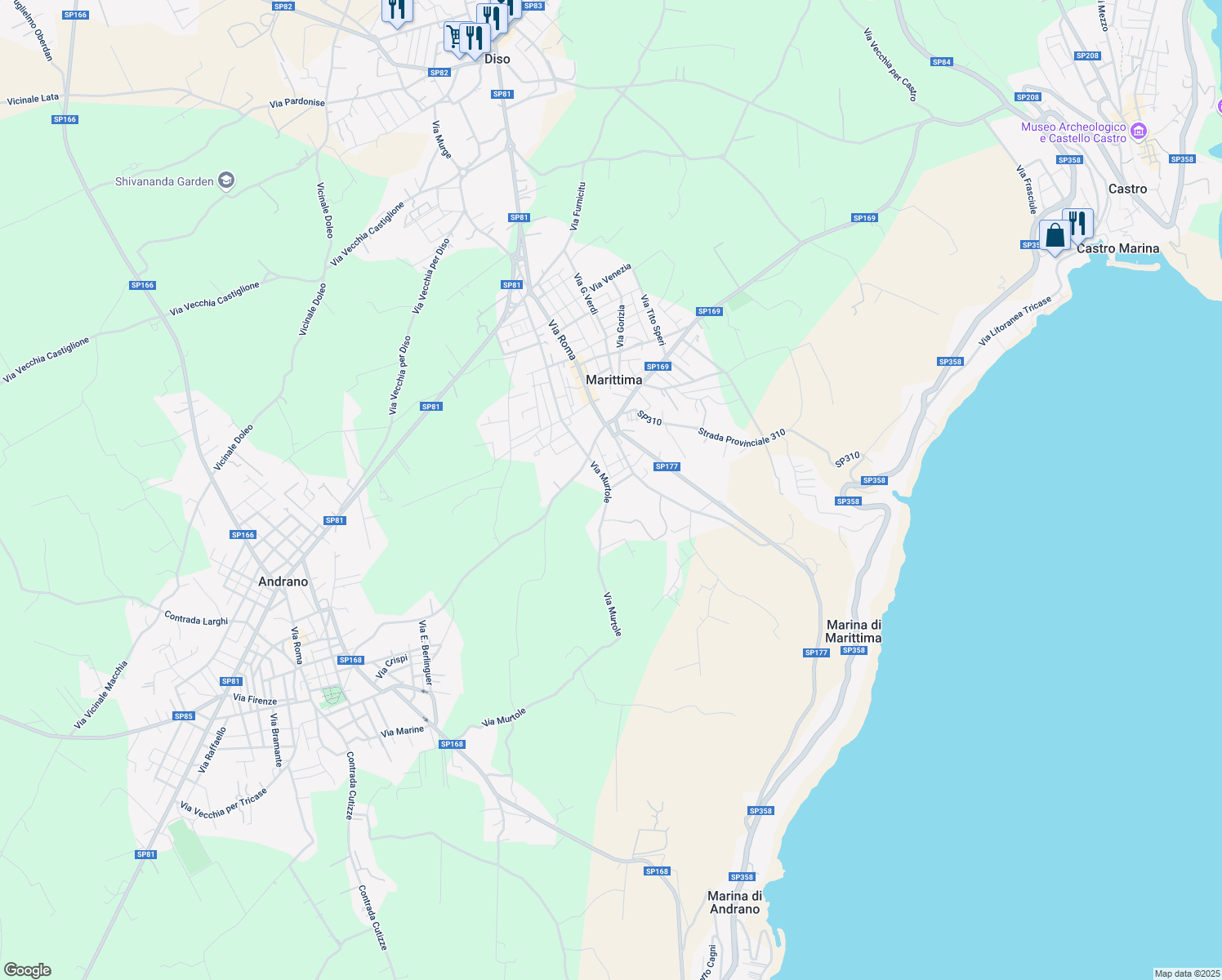 map of restaurants, bars, coffee shops, grocery stores, and more near 45 Via Aranisi in Marittima