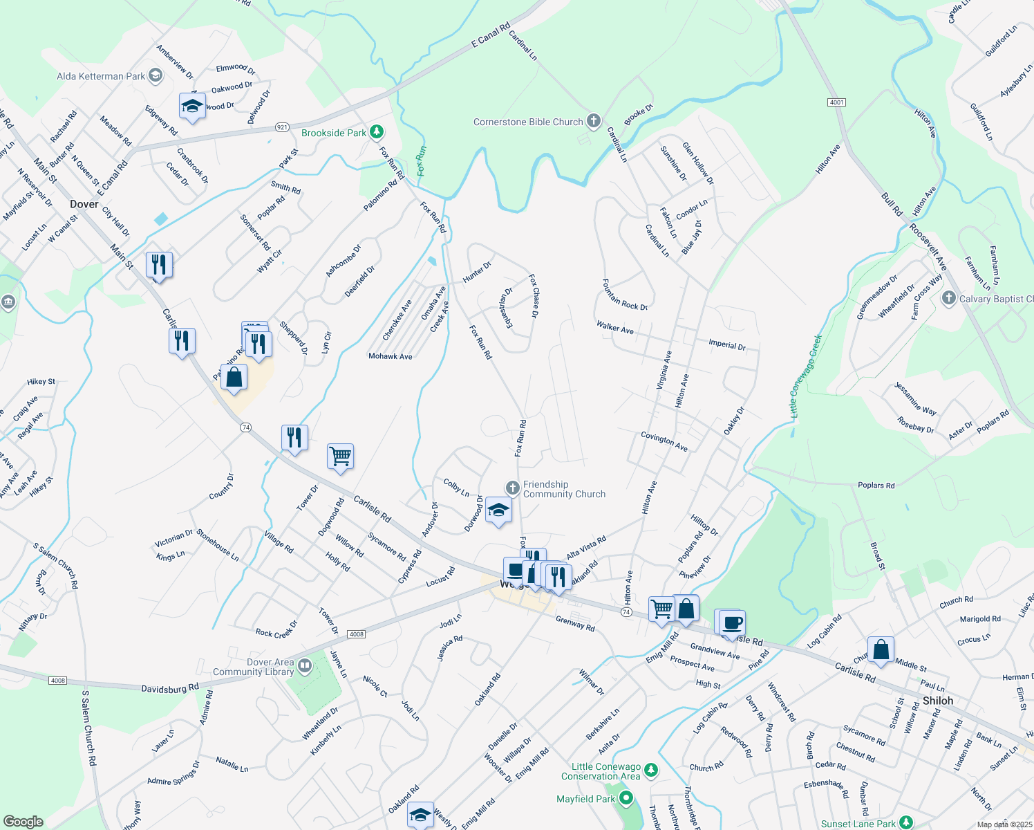 map of restaurants, bars, coffee shops, grocery stores, and more near 3500 Fox Run Road in Dover
