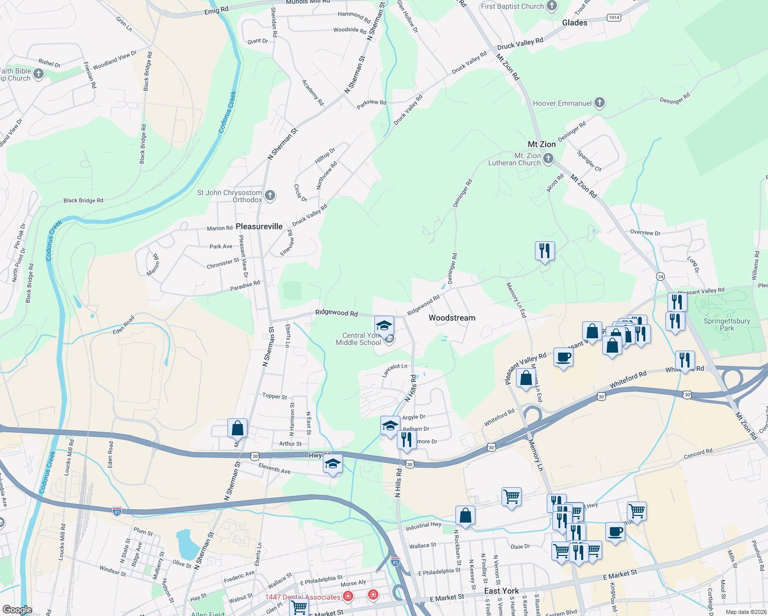 map of restaurants, bars, coffee shops, grocery stores, and more near 1553 Ridgewood Road in York