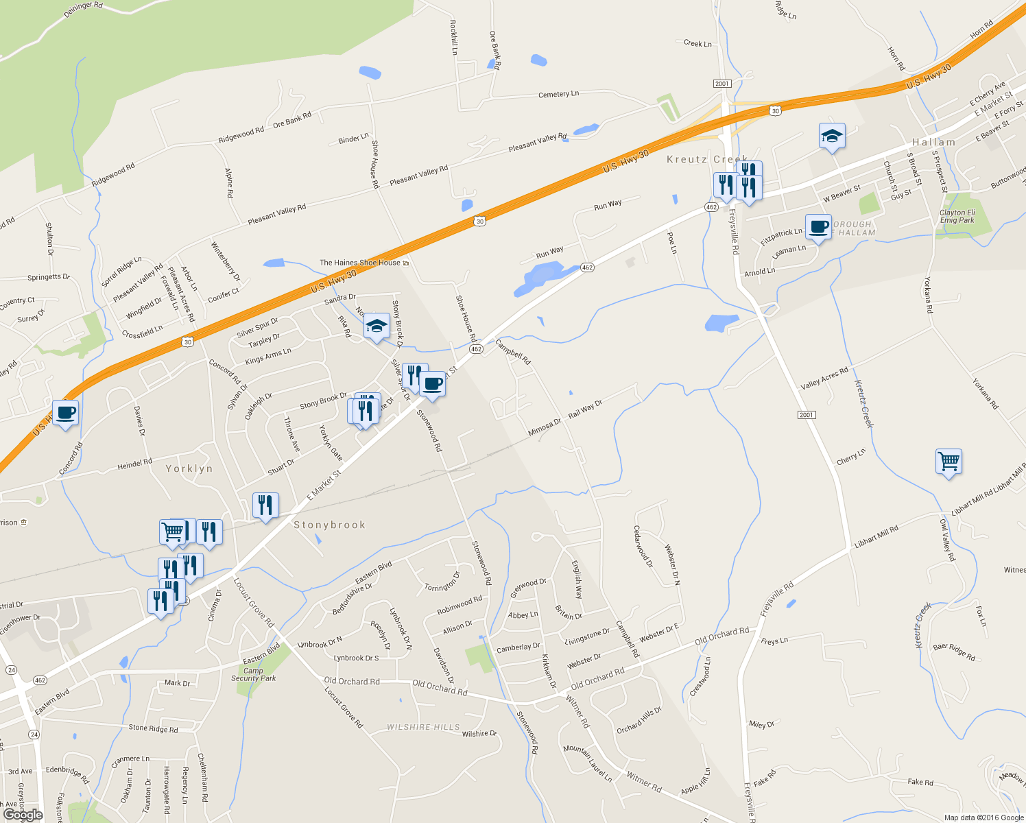 map of restaurants, bars, coffee shops, grocery stores, and more near 505 Sage Drive in York