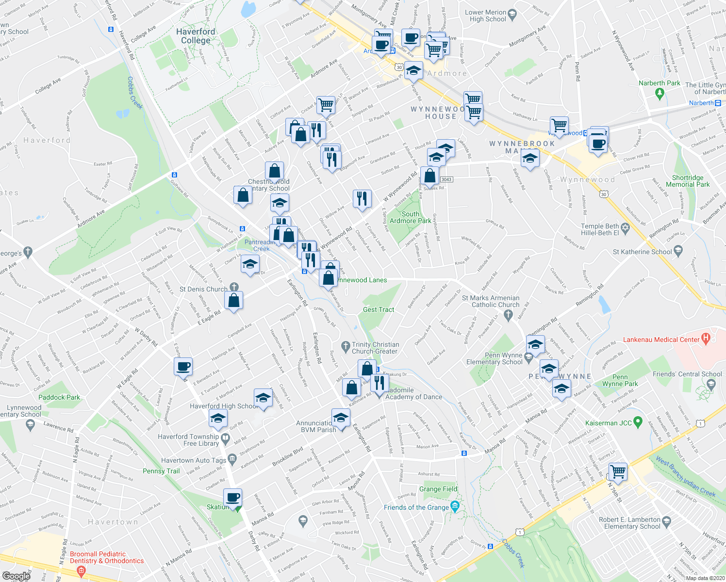 map of restaurants, bars, coffee shops, grocery stores, and more near 2023 Olcott Avenue in Ardmore