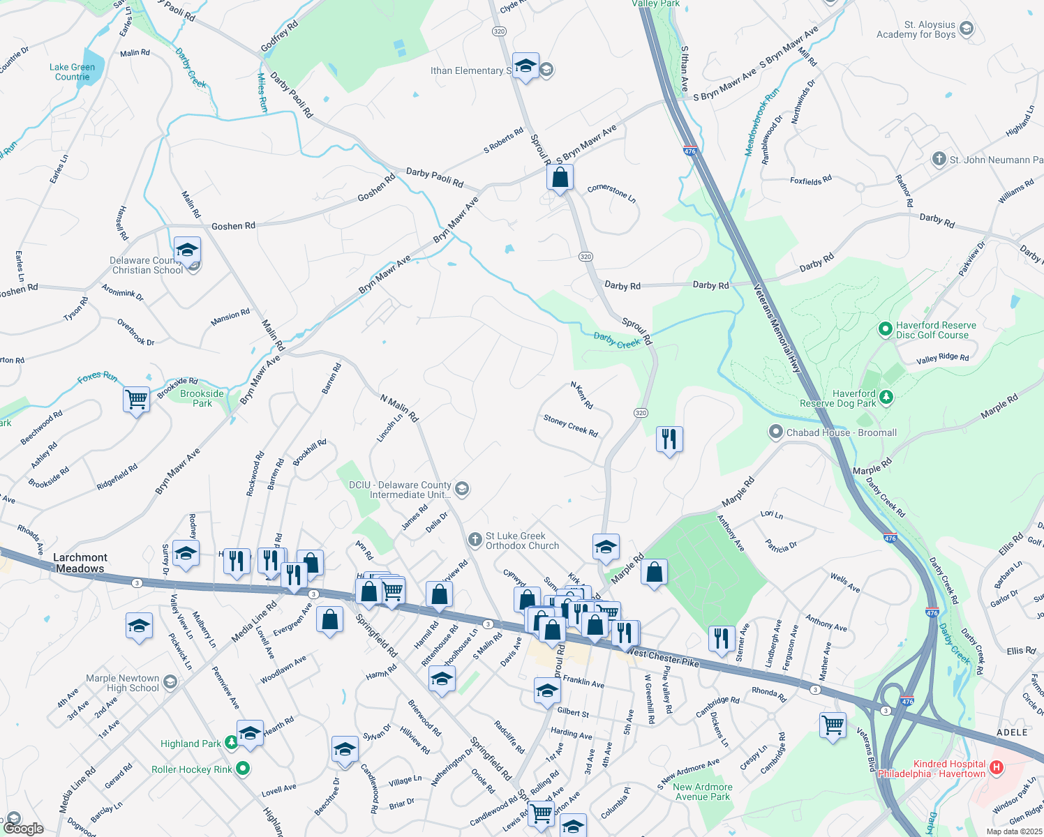 map of restaurants, bars, coffee shops, grocery stores, and more near 2754 South Kent Road in Broomall
