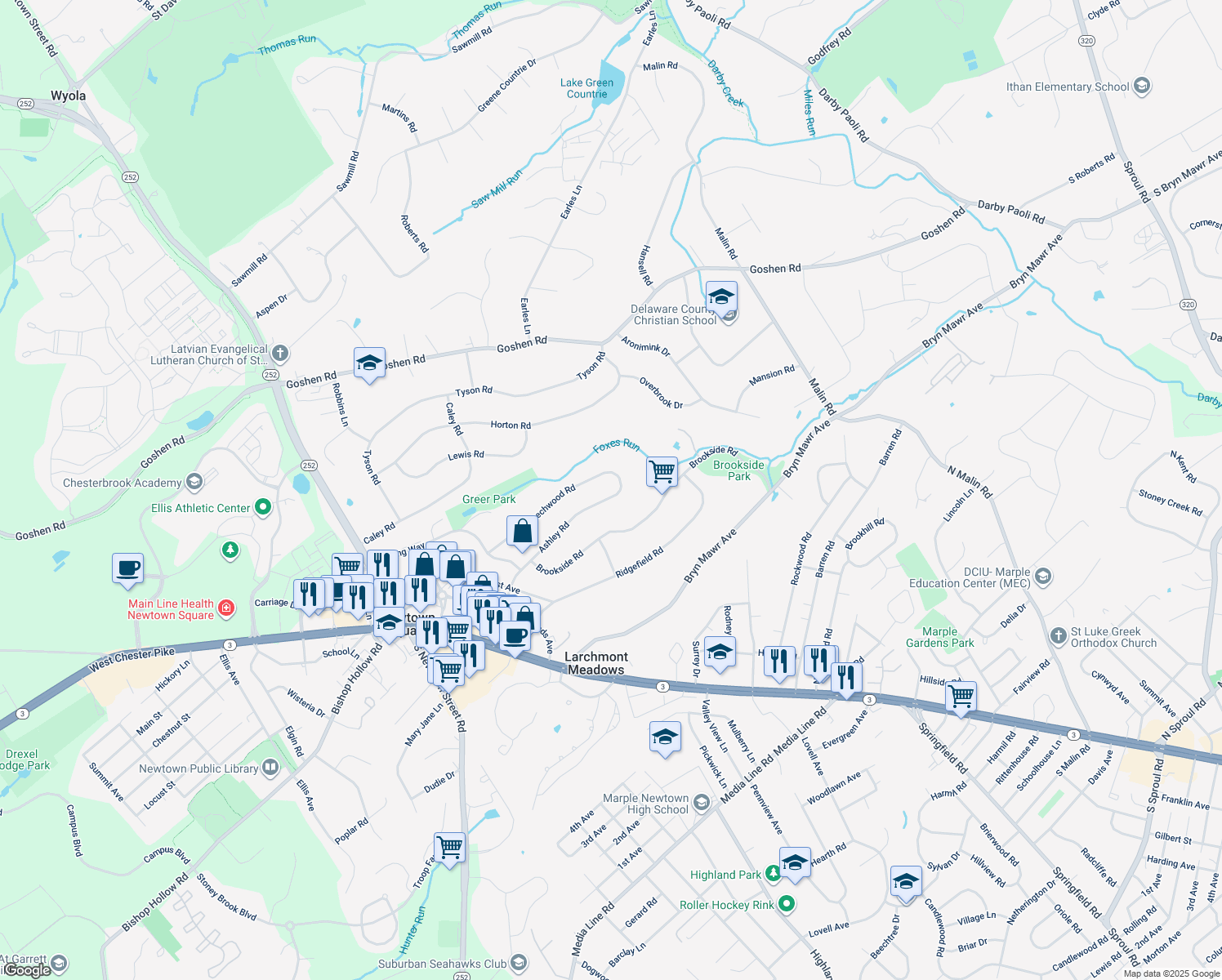 map of restaurants, bars, coffee shops, grocery stores, and more near 150 Ashley Road in Newtown Square