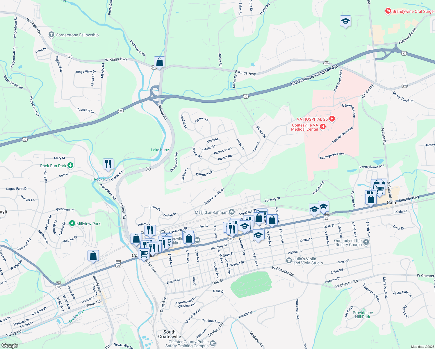 map of restaurants, bars, coffee shops, grocery stores, and more near 1102 Hulnick Road in Coatesville