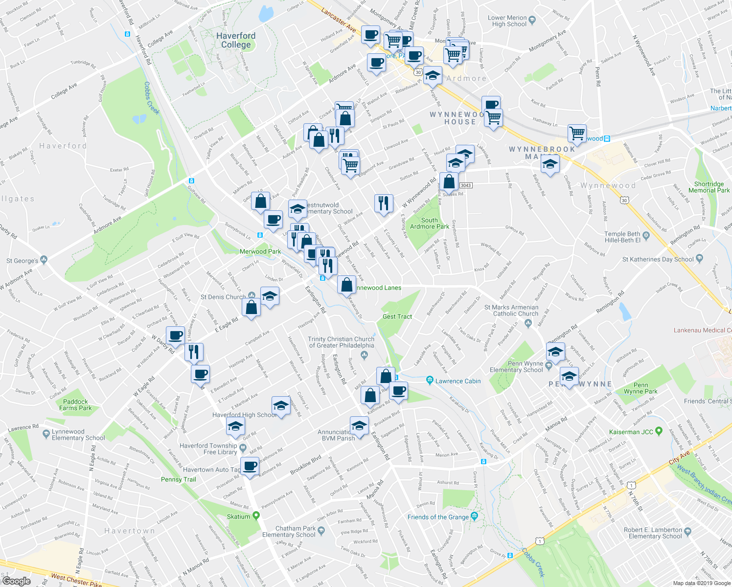 map of restaurants, bars, coffee shops, grocery stores, and more near 2147 Bryn Mawr Place in Ardmore