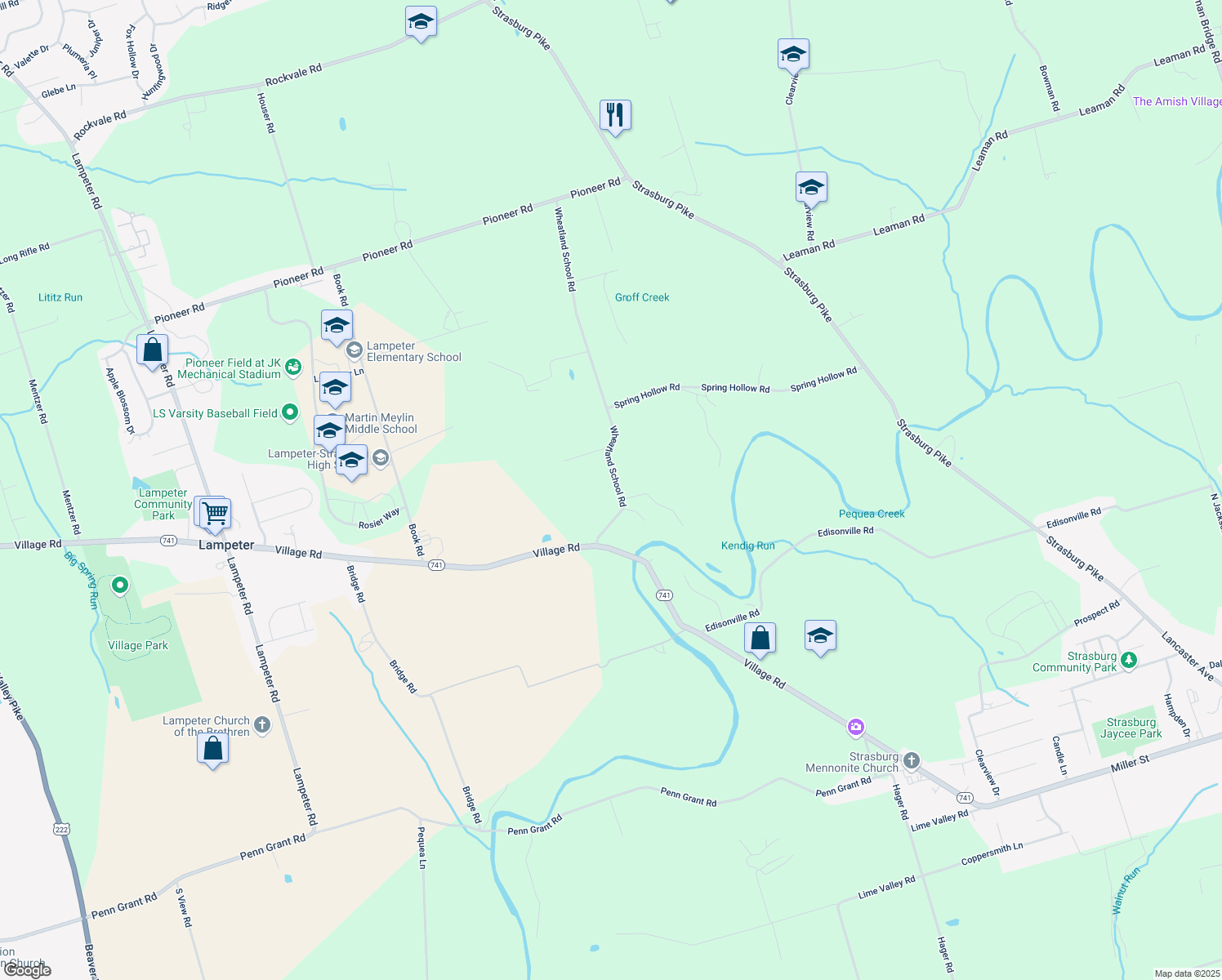 map of restaurants, bars, coffee shops, grocery stores, and more near 1712 Wheatland School Road in Lancaster