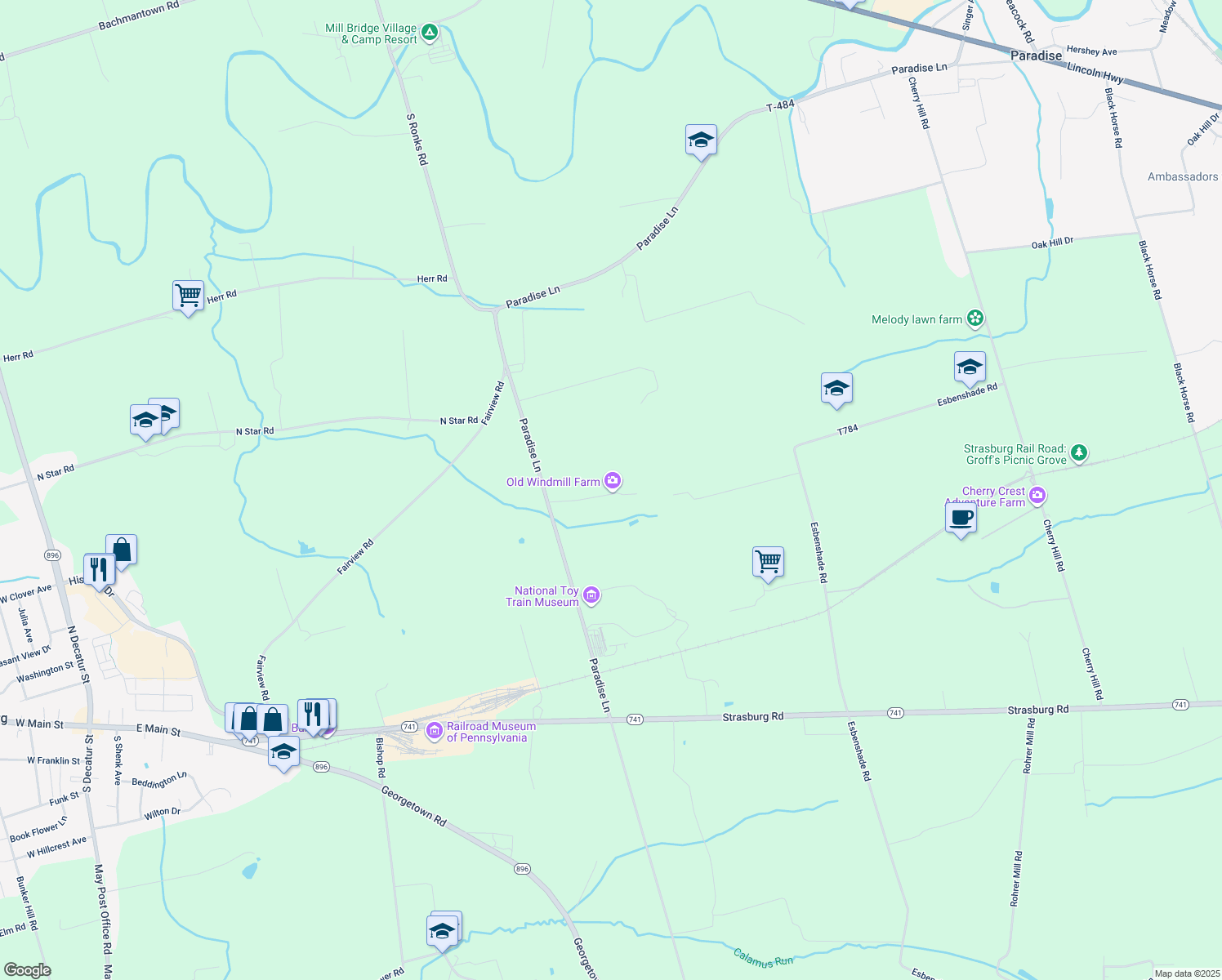map of restaurants, bars, coffee shops, grocery stores, and more near 264 Paradise Lane in Ronks