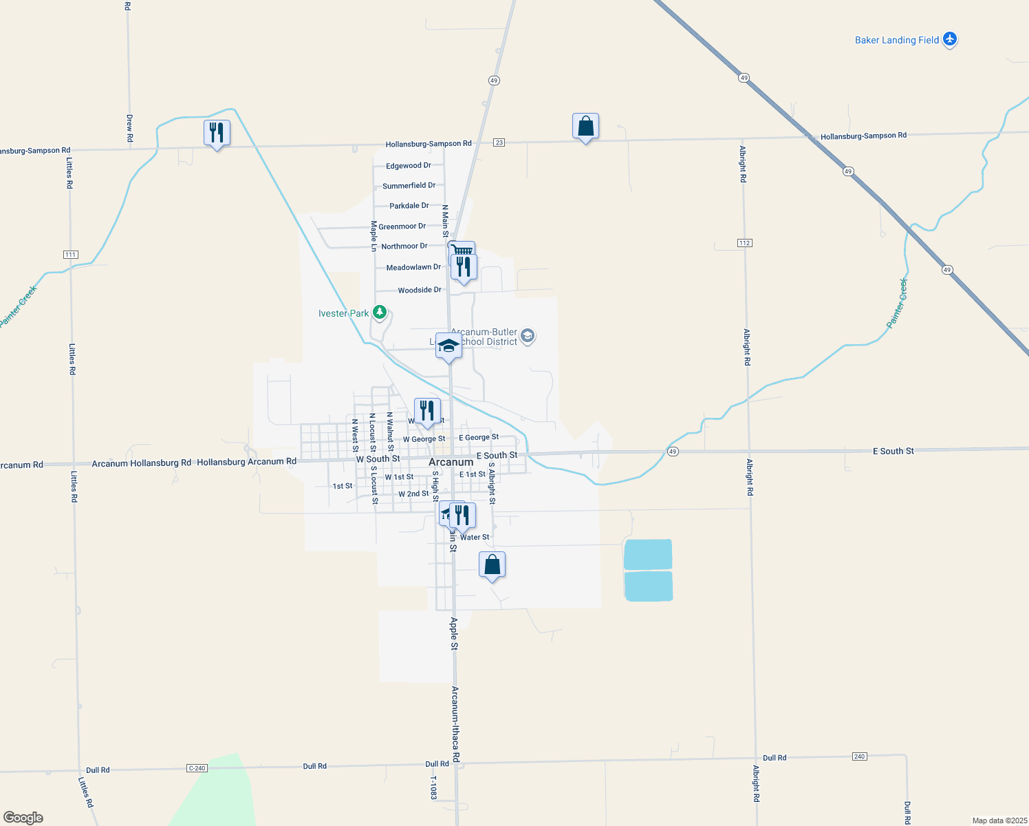 map of restaurants, bars, coffee shops, grocery stores, and more near 10 Seminole Lane in Arcanum