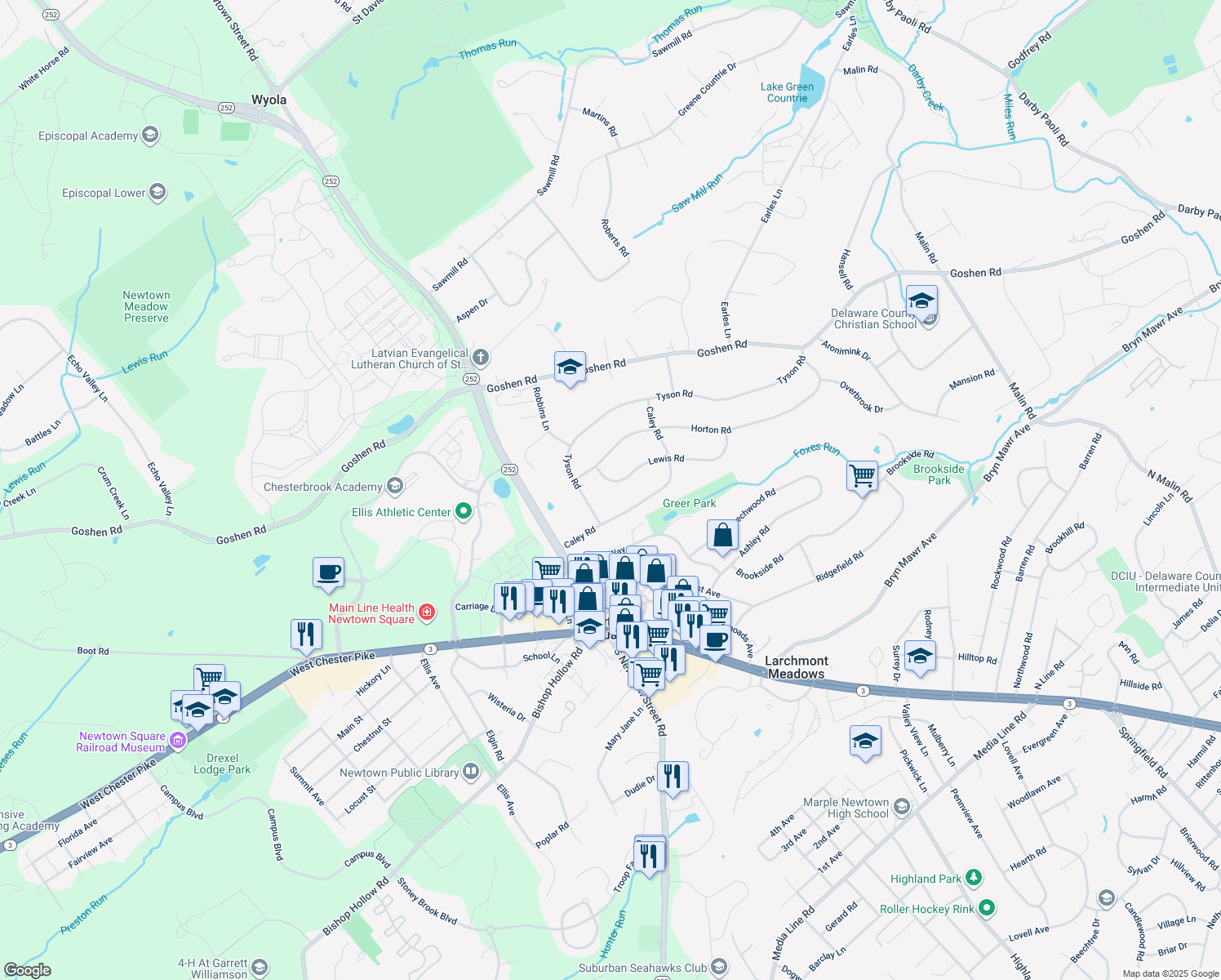 map of restaurants, bars, coffee shops, grocery stores, and more near 3516 Lewis Road in Newtown Square