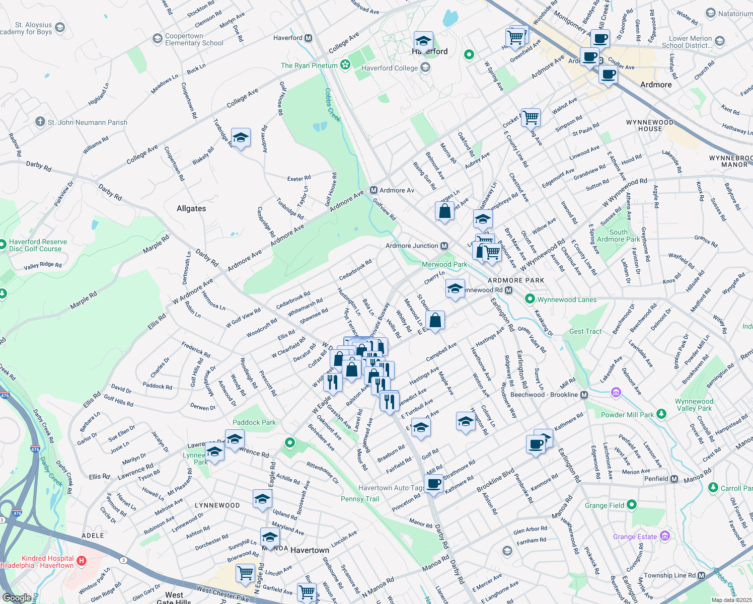 map of restaurants, bars, coffee shops, grocery stores, and more near 2612 Saint Davids Lane in Ardmore