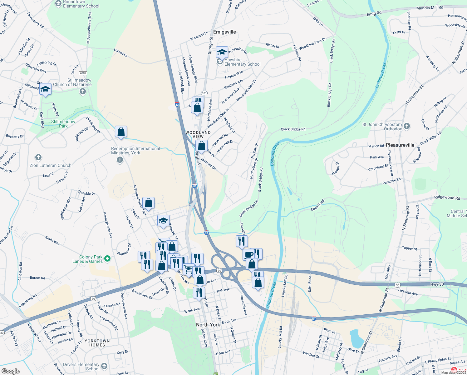 map of restaurants, bars, coffee shops, grocery stores, and more near 2309 Slater Hill Lane East in York
