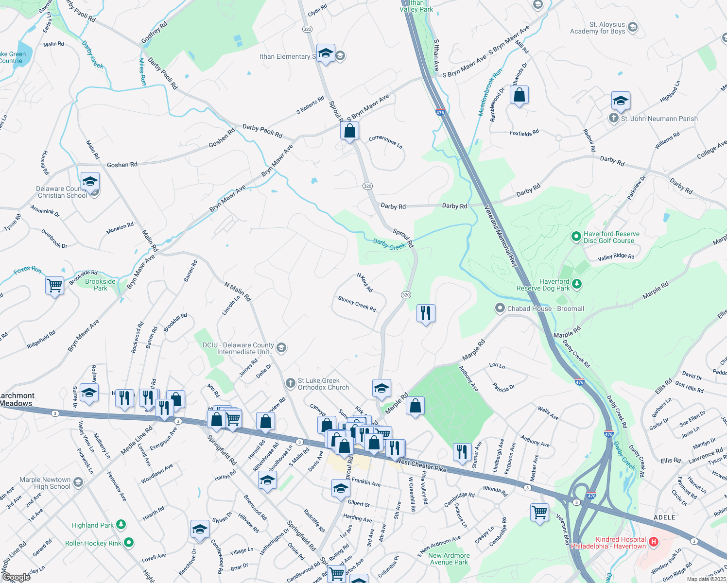 map of restaurants, bars, coffee shops, grocery stores, and more near 2724 North Kent Road in Broomall