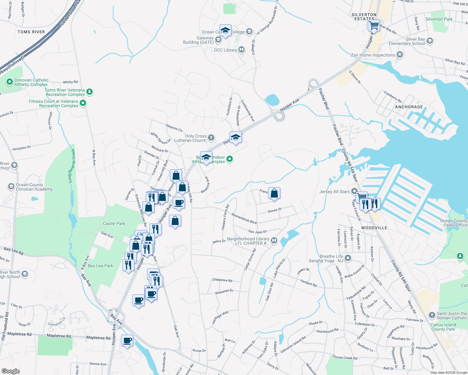map of restaurants, bars, coffee shops, grocery stores, and more near 1454 Ottawa Court in Toms River