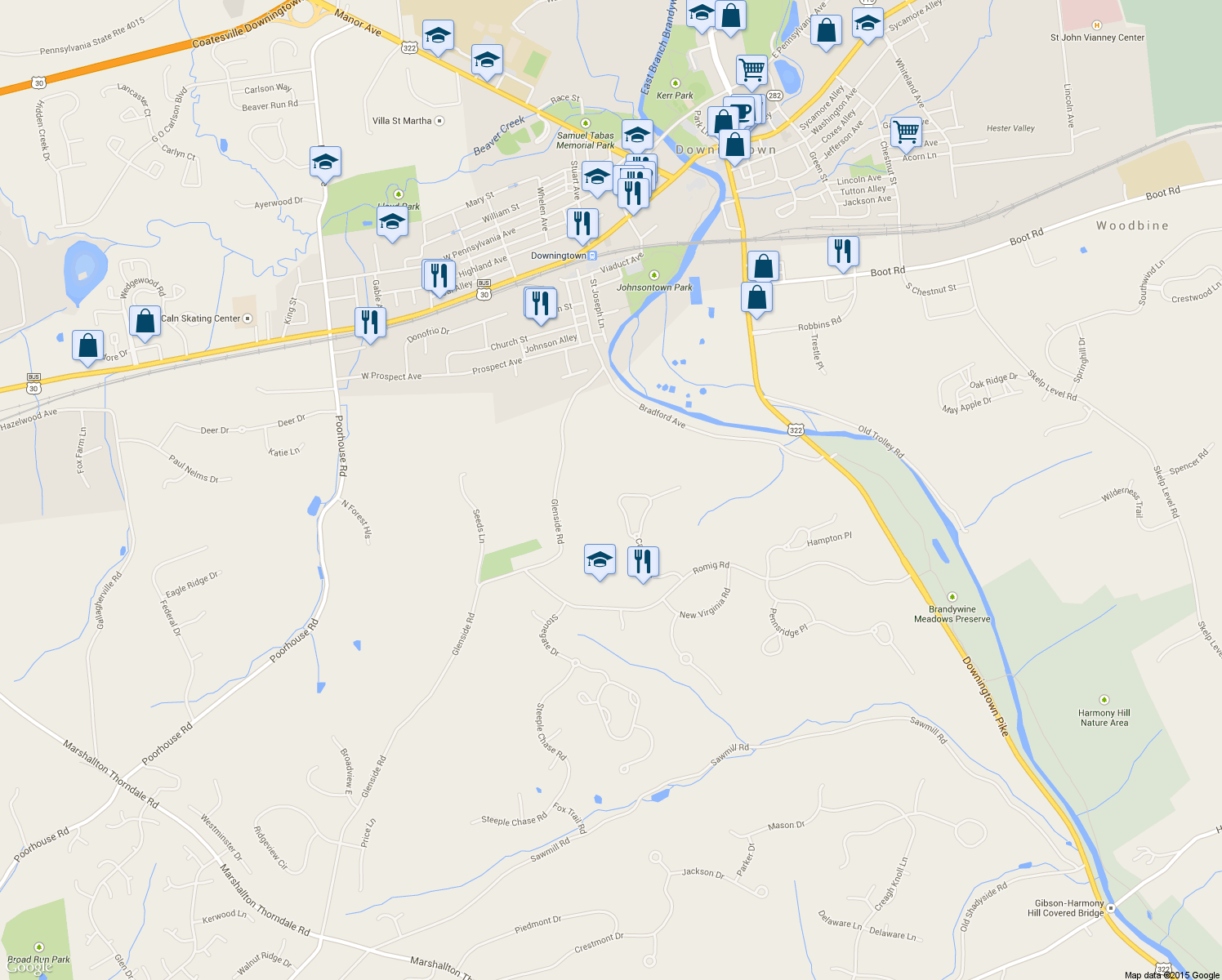 map of restaurants, bars, coffee shops, grocery stores, and more near 1441 Carolina Place in Downingtown