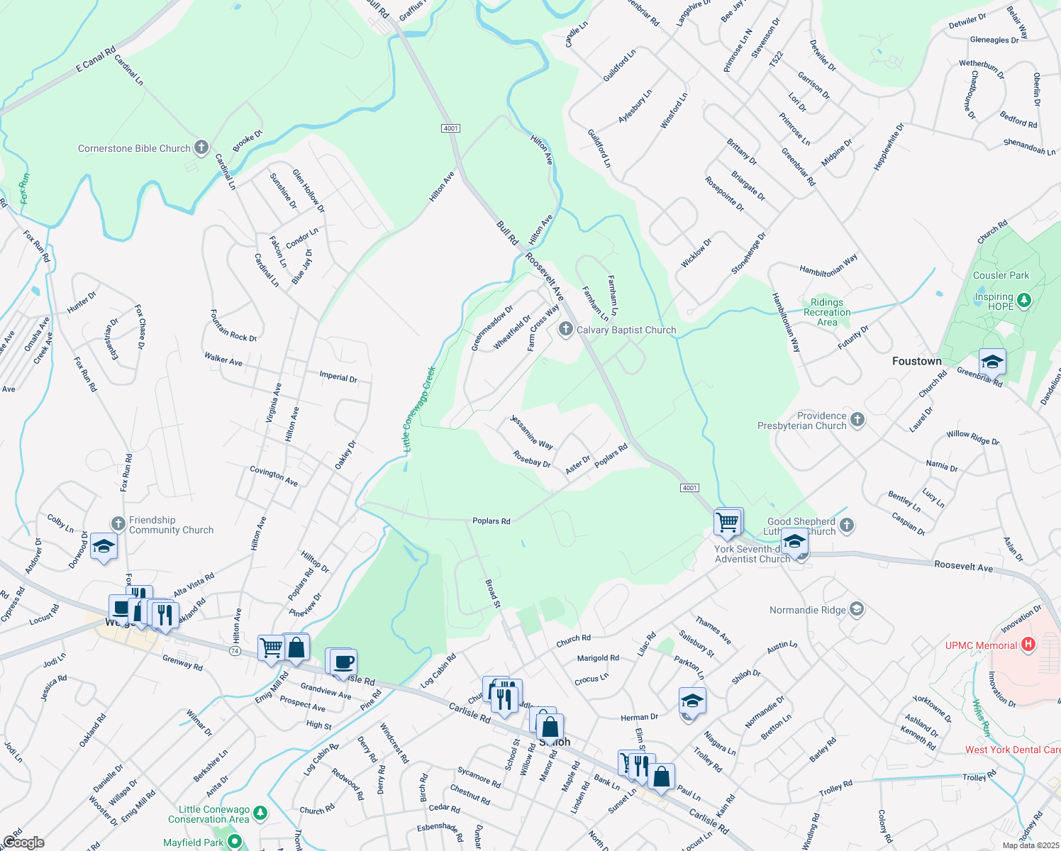 map of restaurants, bars, coffee shops, grocery stores, and more near 2641 Jessamine Way in York